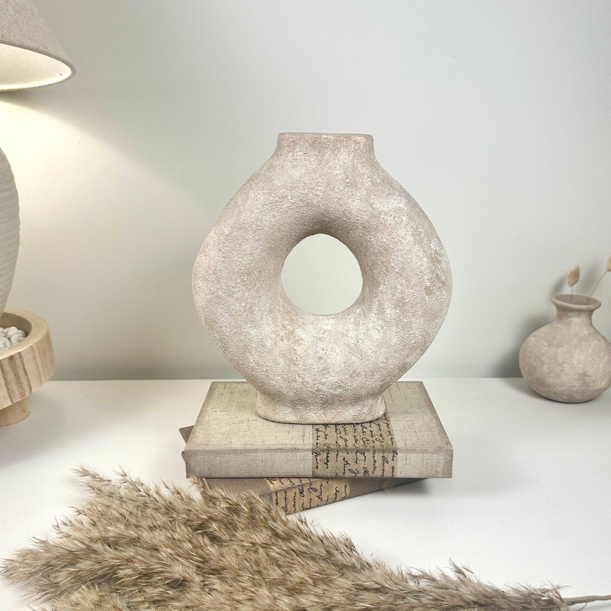 Handmade Minimalist Donut Textured Ceramic Vase - Light Beige washed 9.5" tall