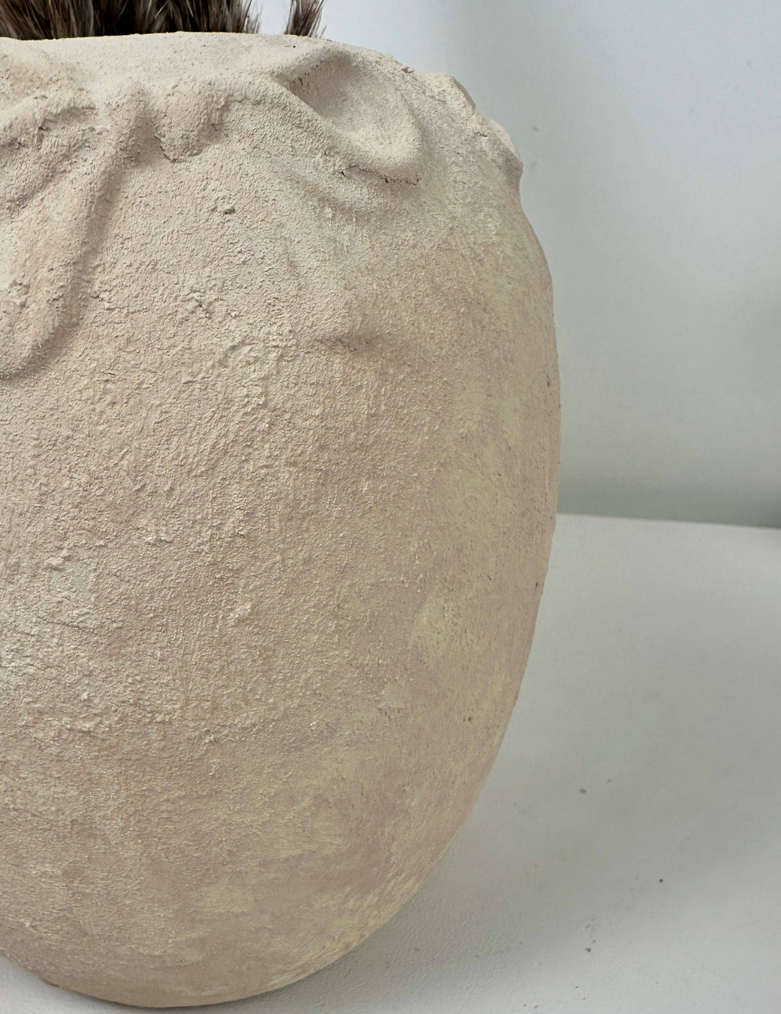 Minimalist Style Ceramic Vase with Bow 7", Painted and Textured by Hand - Cream Sand Washed