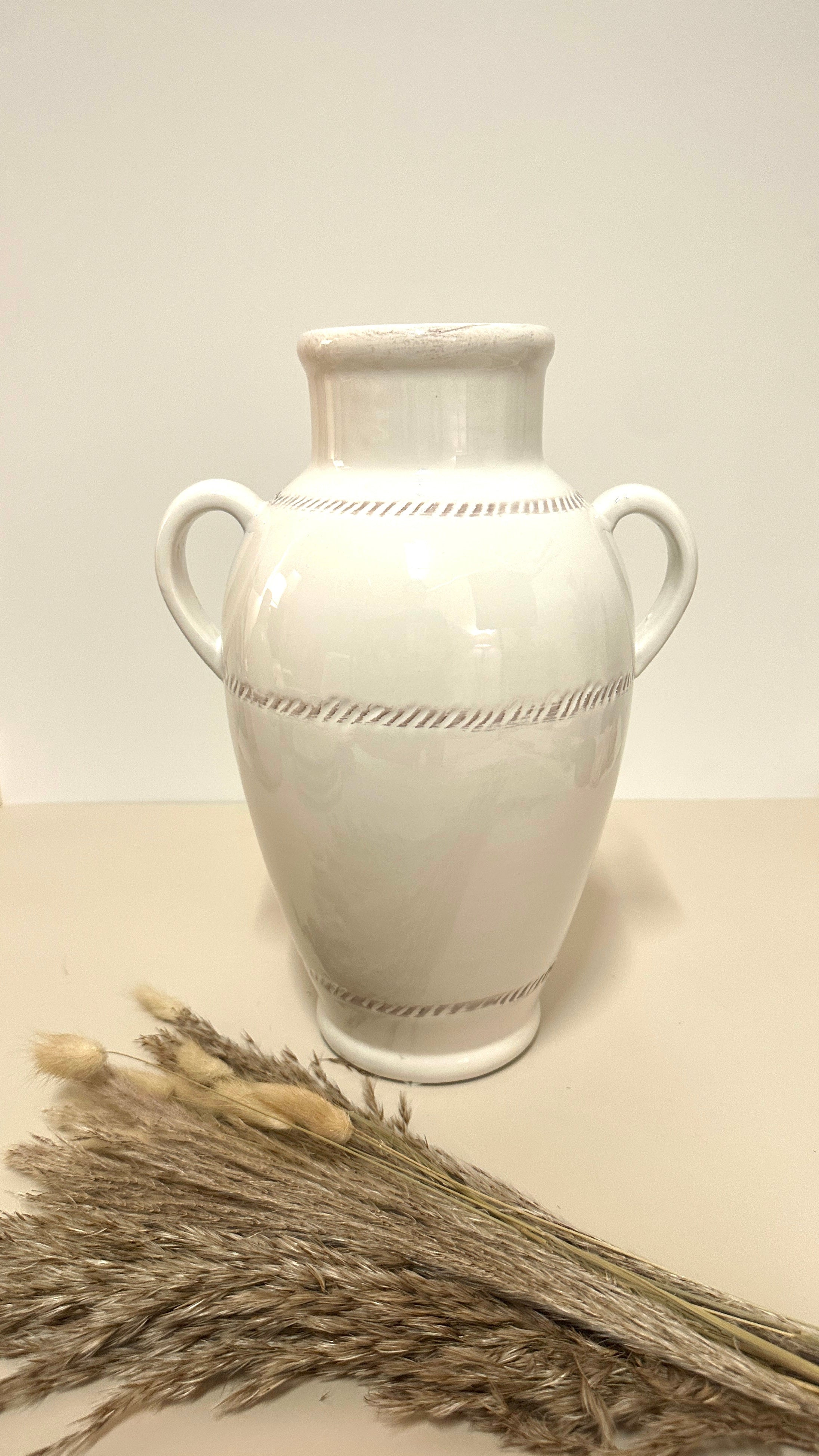 Modern Ceramic White Vase with 2 handles 12"