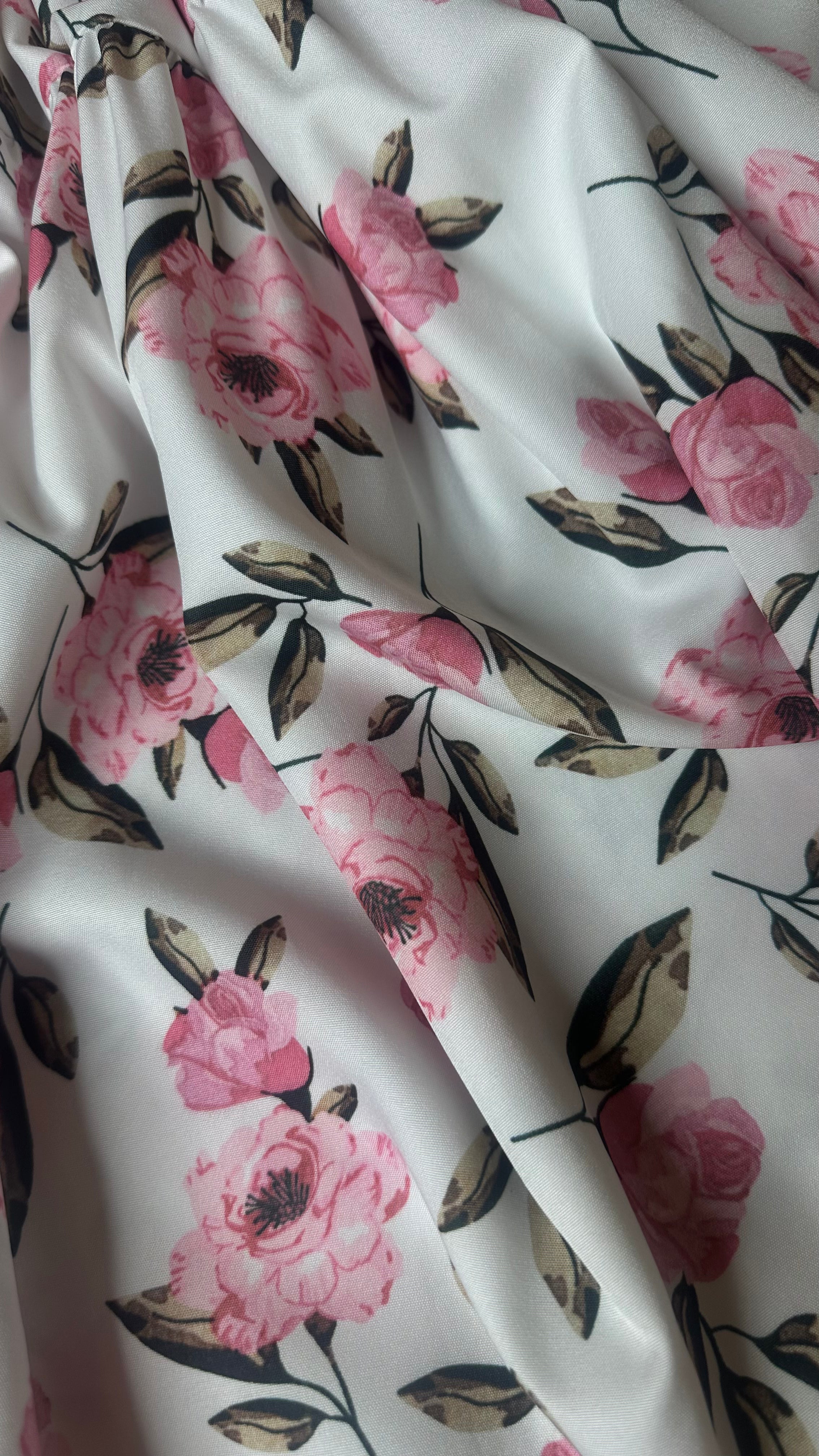 Floral Print Babydoll Dress, Mock Neck, 3/4 Puff Sleeves, White with Pink Flowers