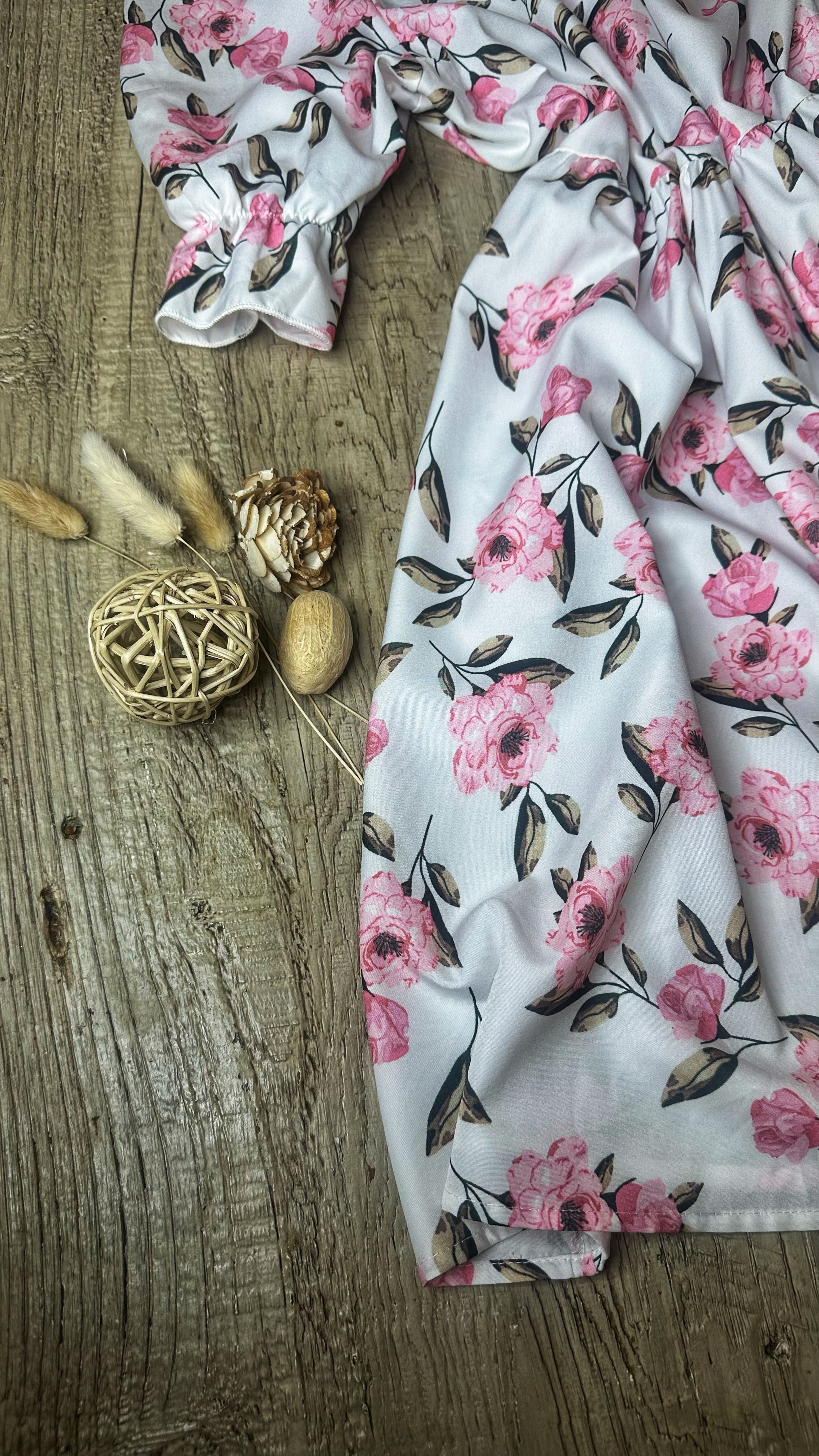 Floral Print Babydoll Dress, Mock Neck, 3/4 Puff Sleeves, White with Pink Flowers