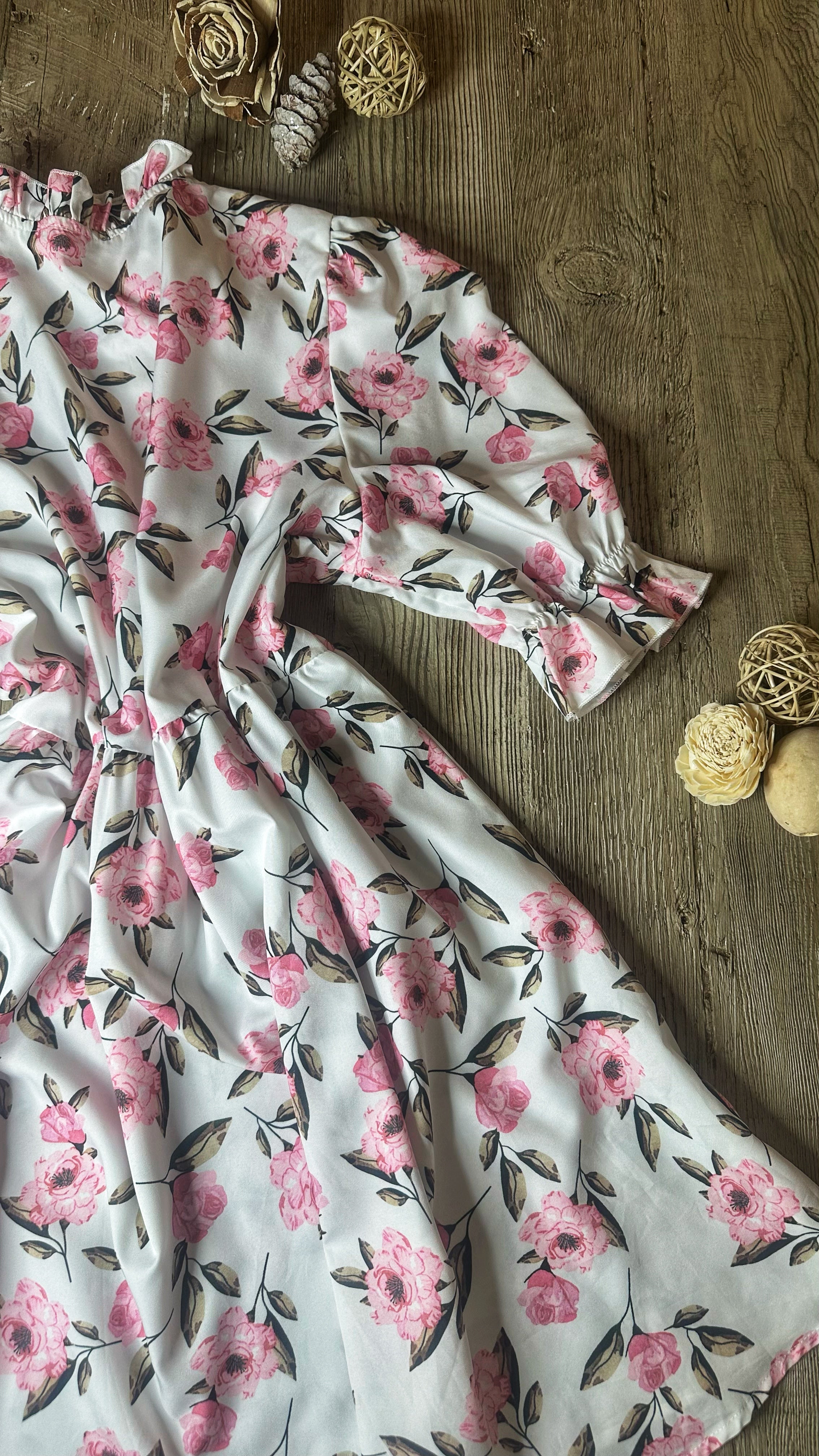 Floral Print Babydoll Dress, Mock Neck, 3/4 Puff Sleeves, White with Pink Flowers