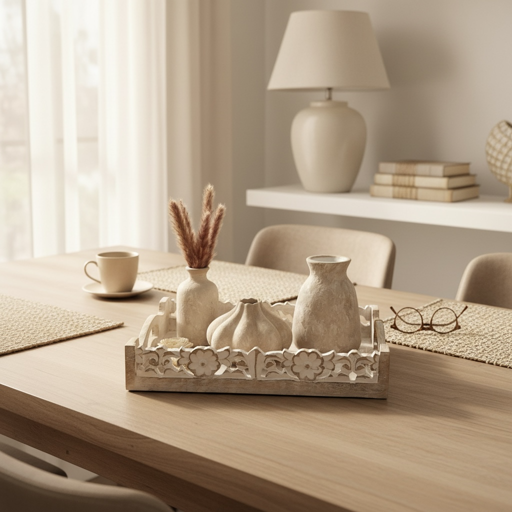 Set of 4 (3 small vases + 1 tray) - Beige and whitewashed