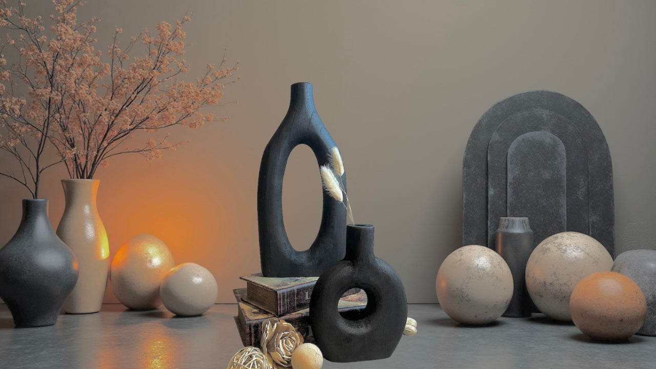 Handcrafted Black Paulownia Wood Decorative Vase, Modern Minimalist Design, Sculptural Art Piece