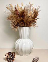 French Contemporary White Ribbed Ceramic Vase 11.5"