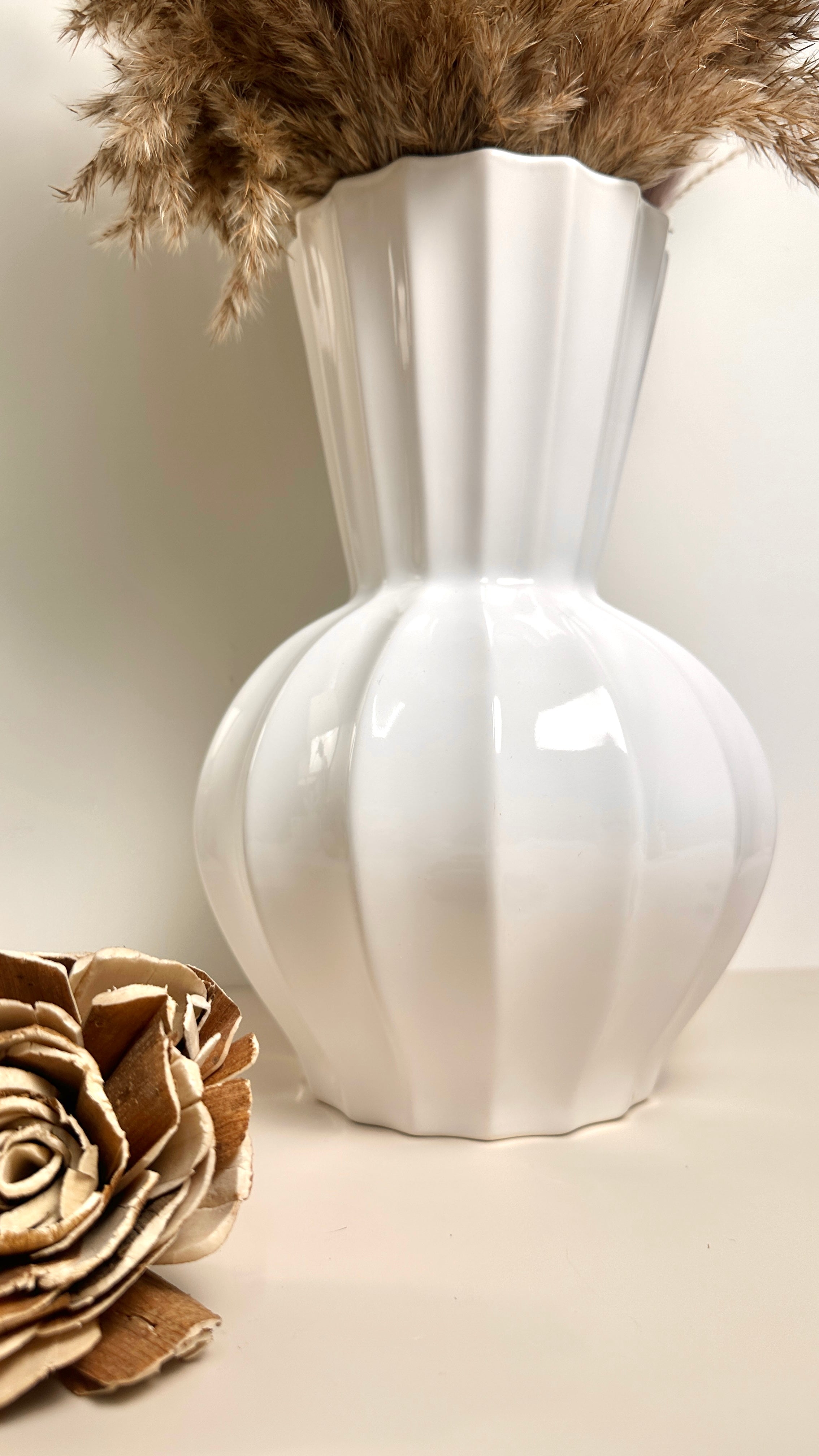 French Contemporary White Ribbed Ceramic Vase 11.5"