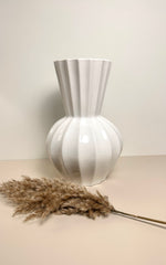 French Contemporary White Ribbed Ceramic Vase 11.5"