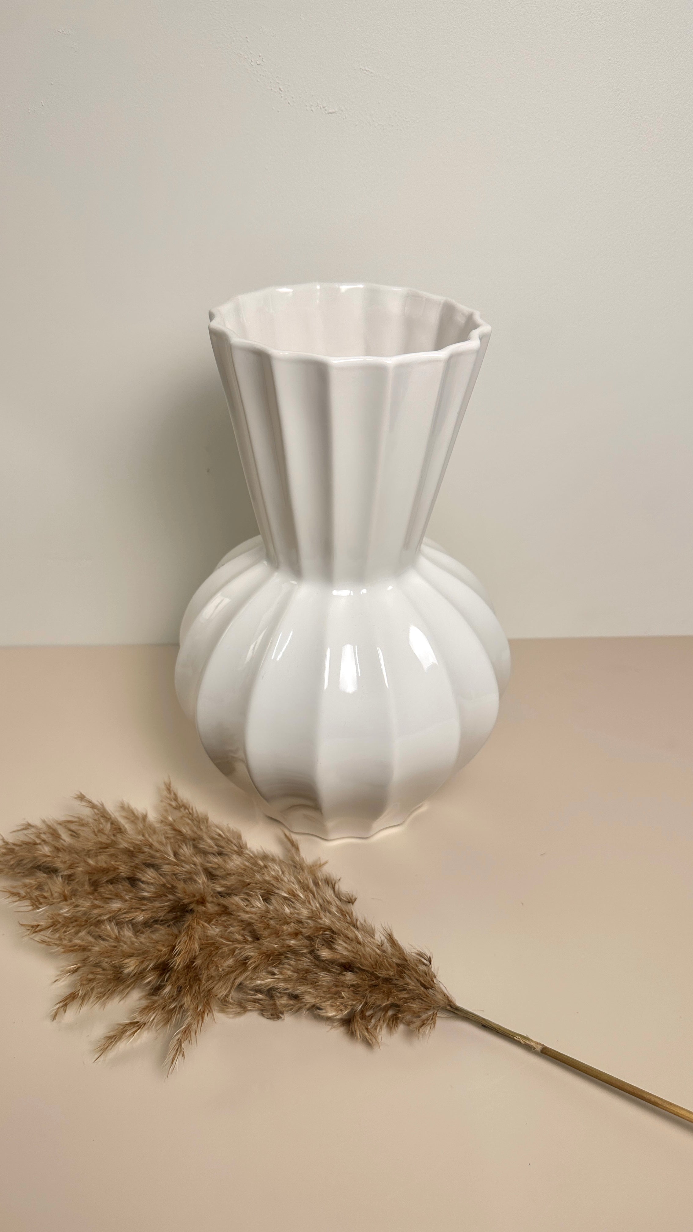 French Contemporary White Ribbed Ceramic Vase 11.5"