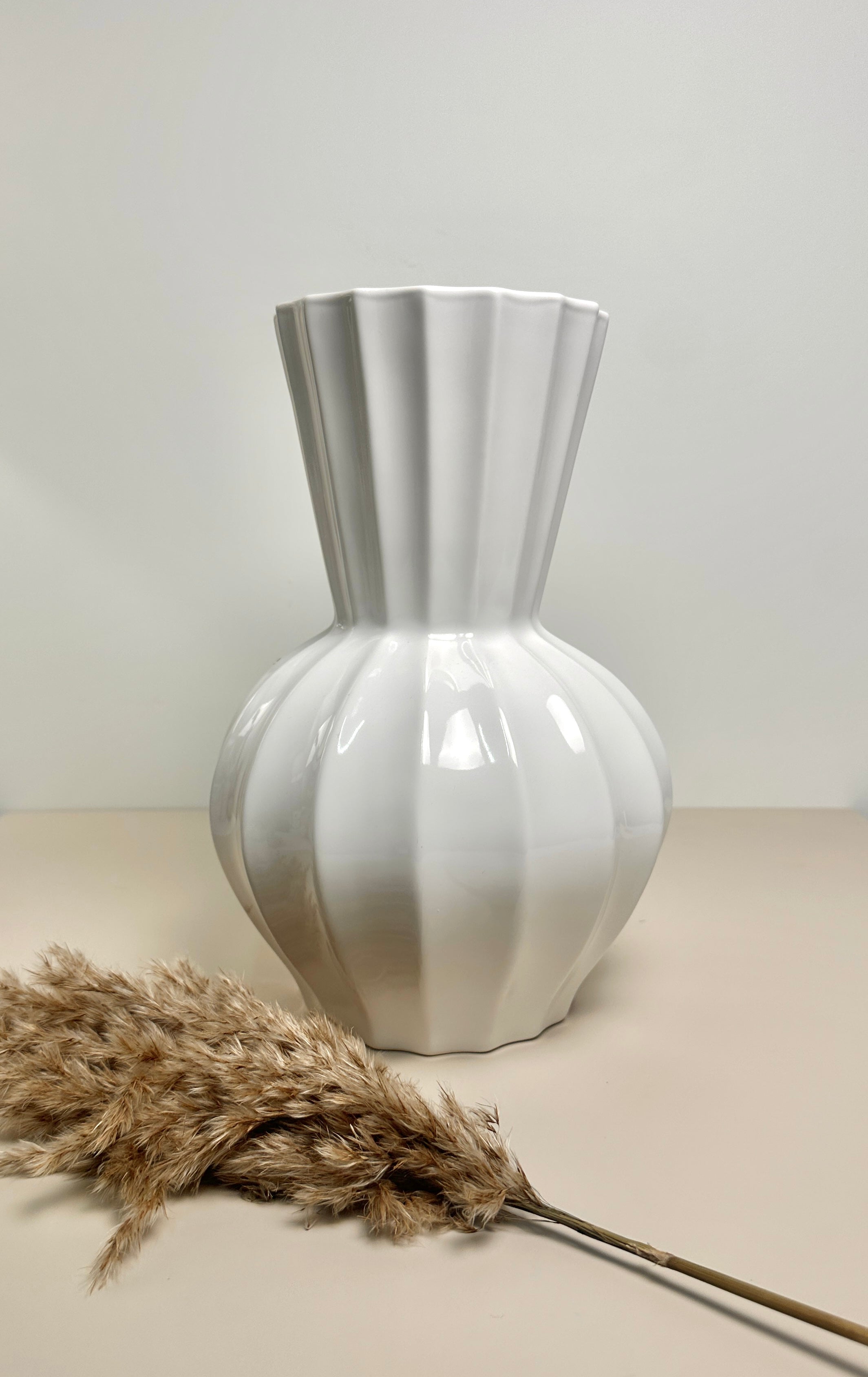 French Contemporary White Ribbed Ceramic Vase 11.5"
