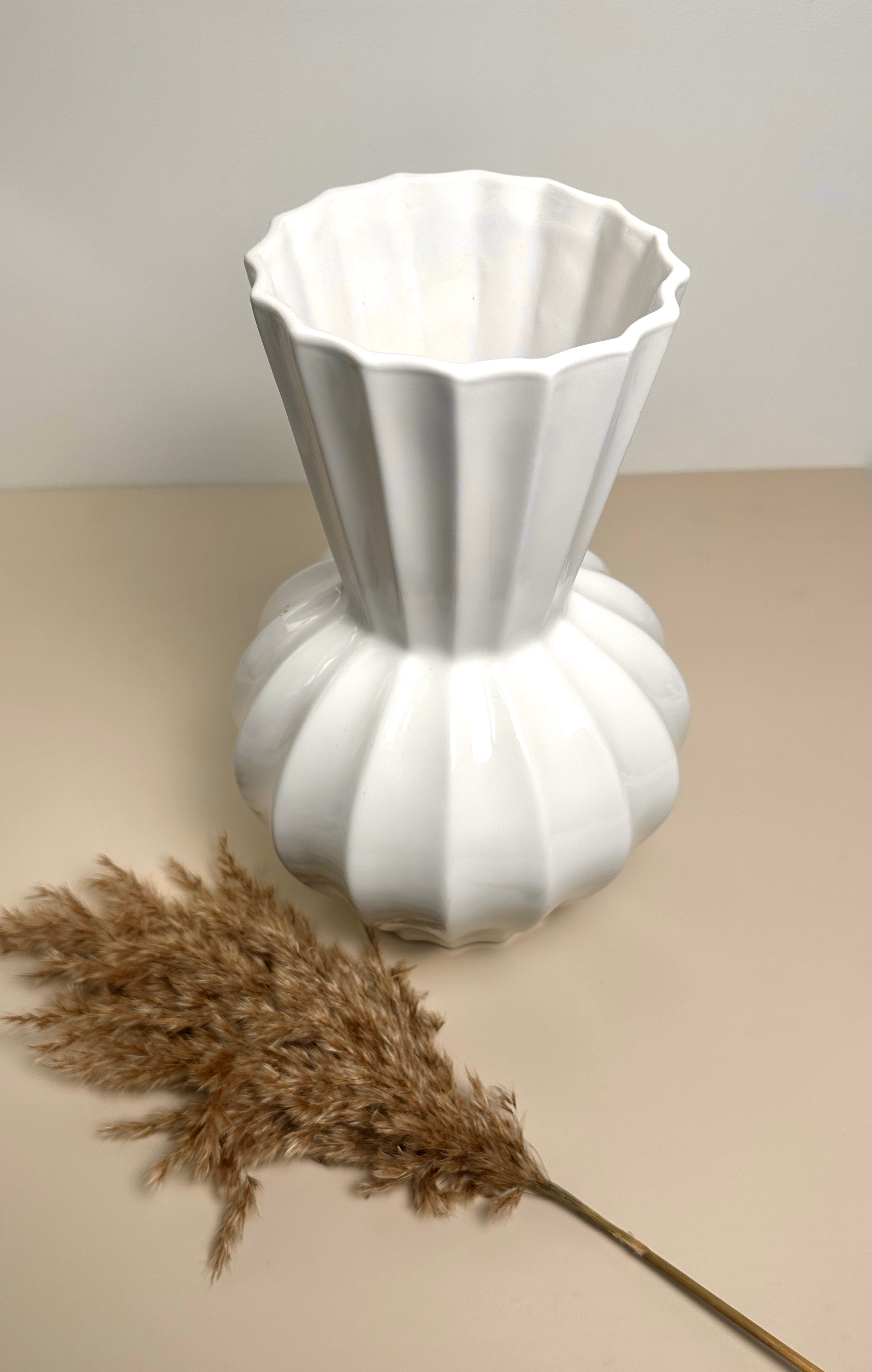 French Contemporary White Ribbed Ceramic Vase 11.5"