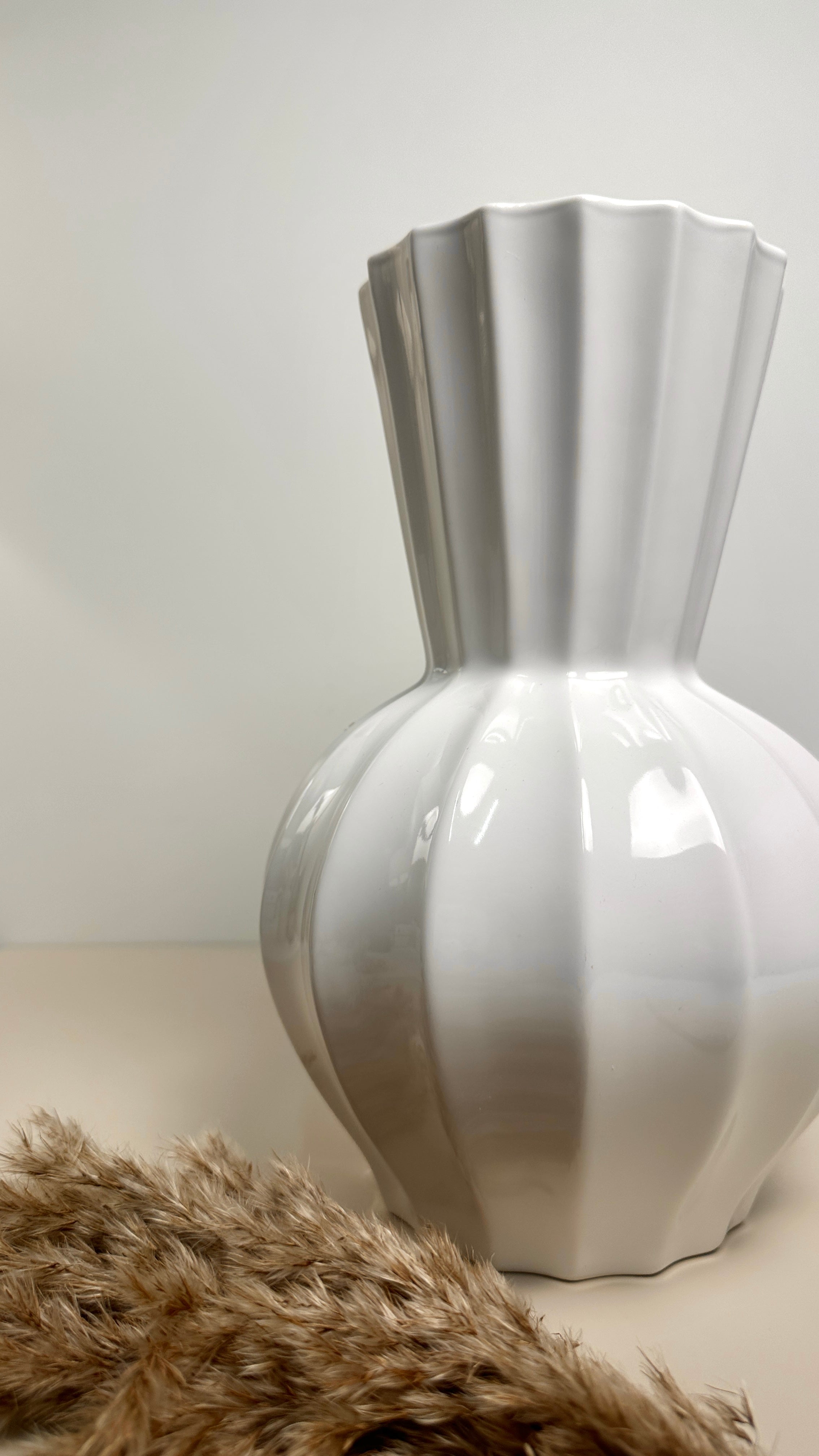 French Contemporary White Ribbed Ceramic Vase 11.5"