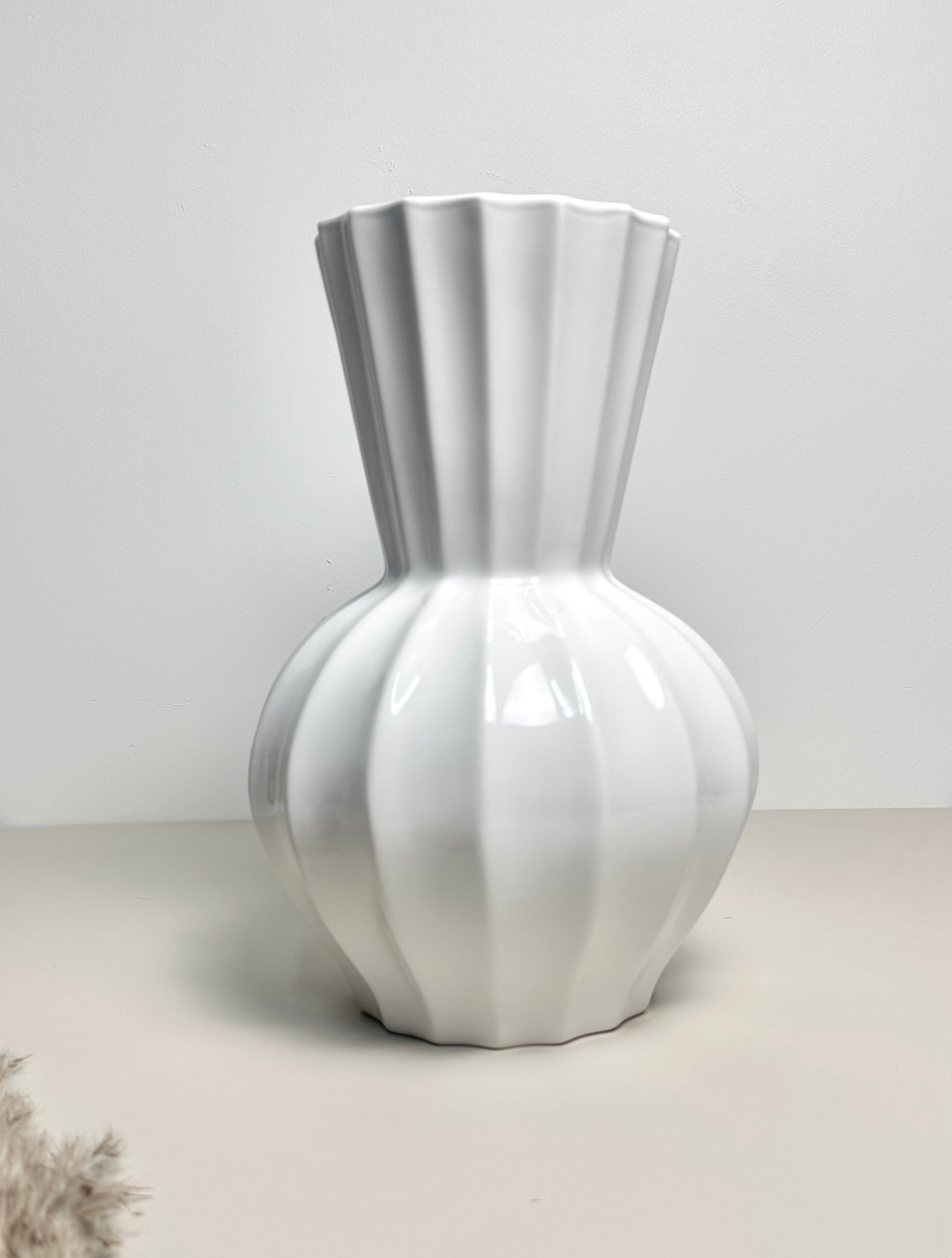 French Contemporary White Ribbed Ceramic Vase 11.5"