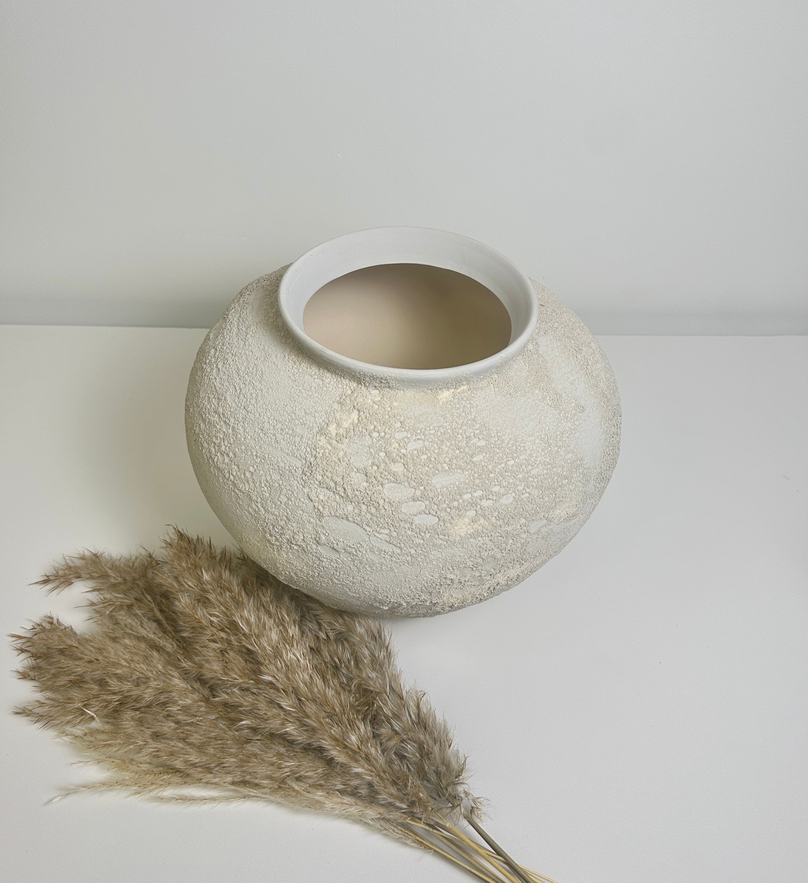 Minimalist Crater Moon Contemporary Ceramic Vase, White Textured Finish, 10 Inch tall Decorative Pottery