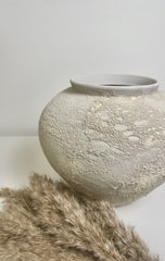 Minimalist Crater Moon Contemporary Ceramic Vase, White Textured Finish, 10 Inch tall Decorative Pottery