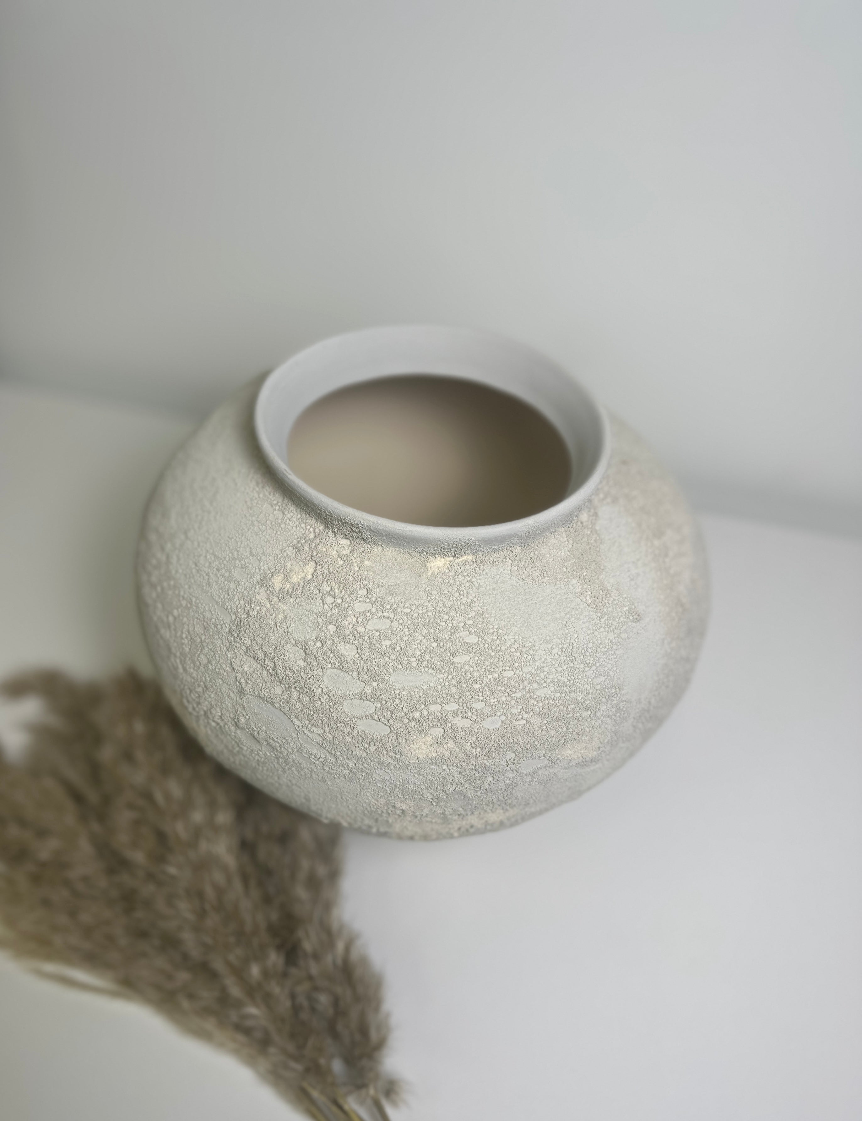 Minimalist Crater Moon Contemporary Ceramic Vase, White Textured Finish, 10 Inch tall Decorative Pottery