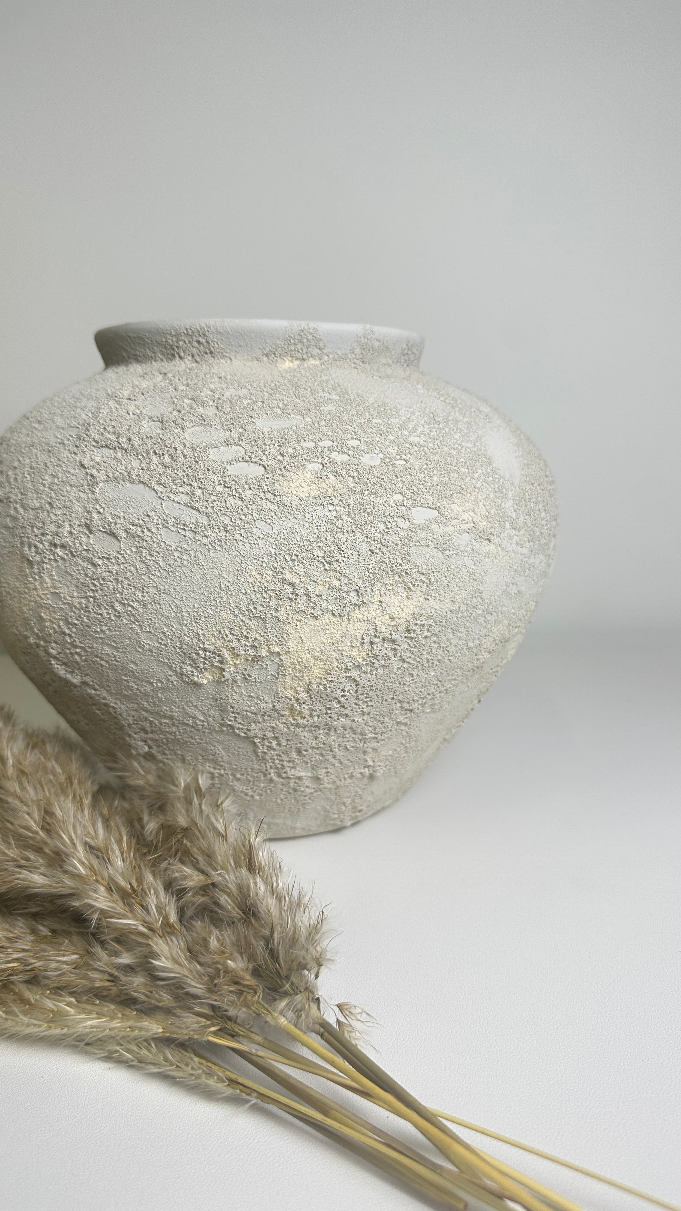 Minimalist Crater Moon Contemporary Ceramic Vase, White Textured Finish, 10 Inch tall Decorative Pottery