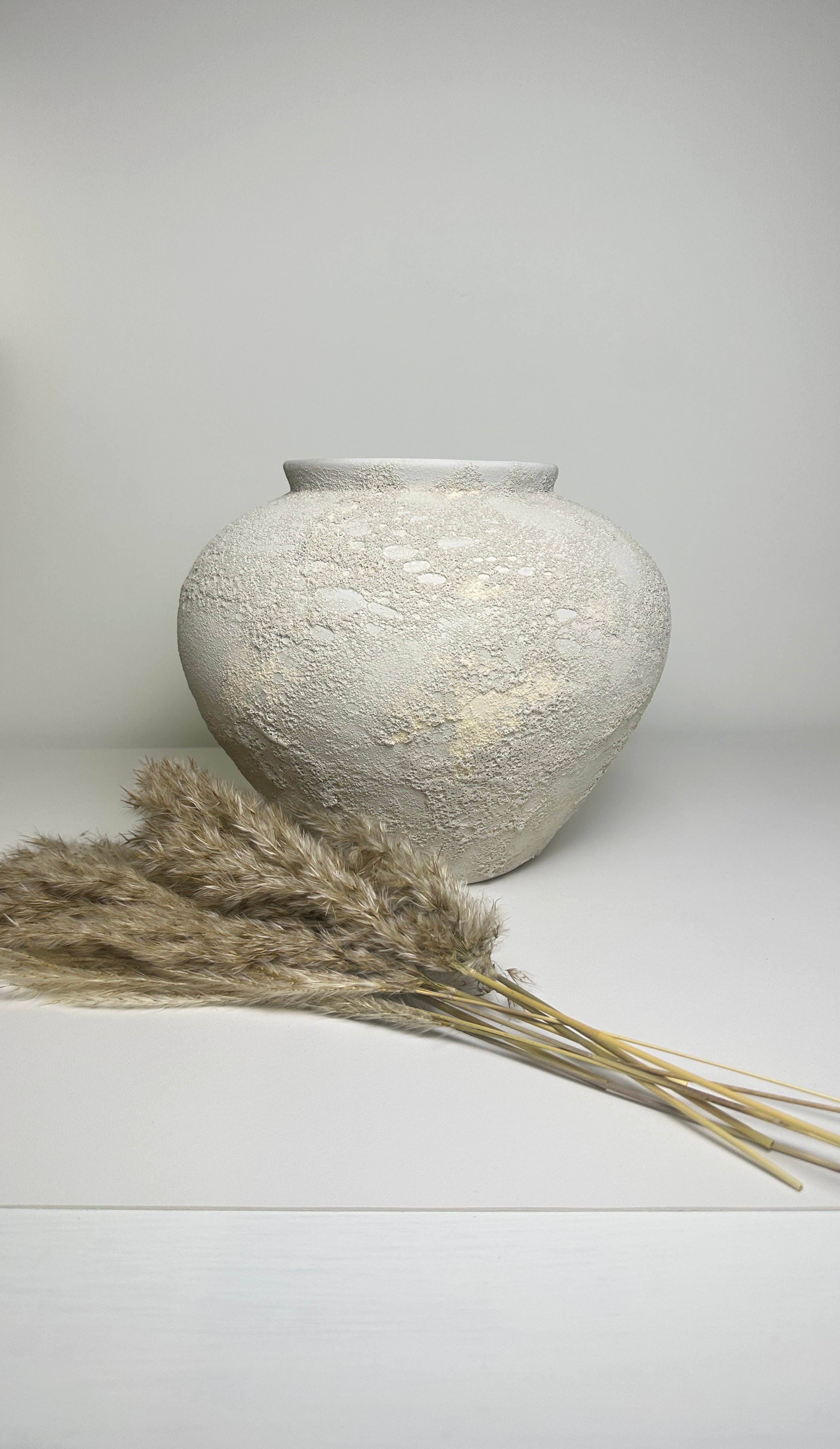Minimalist Crater Moon Contemporary Ceramic Vase, White Textured Finish, 10 Inch tall Decorative Pottery