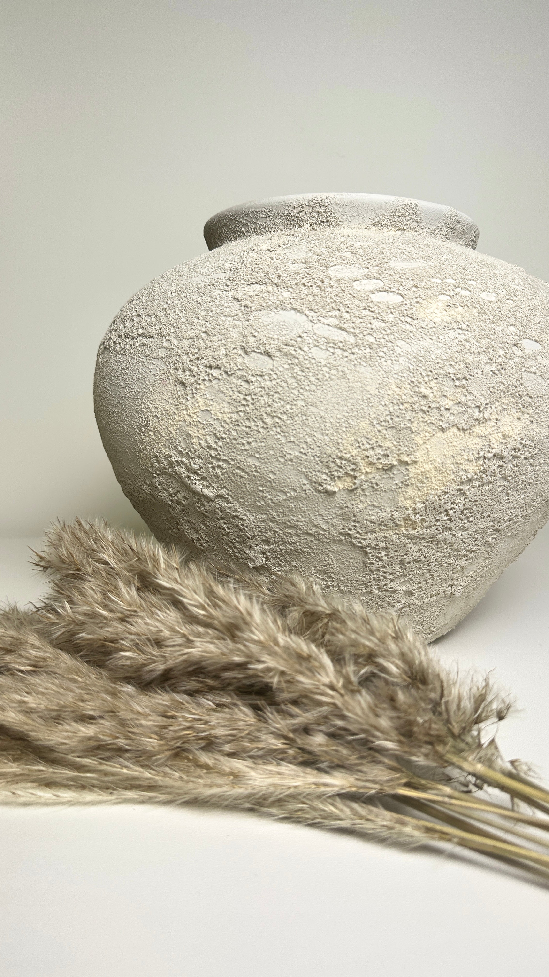 Minimalist Crater Moon Contemporary Ceramic Vase, White Textured Finish, 10 Inch tall Decorative Pottery