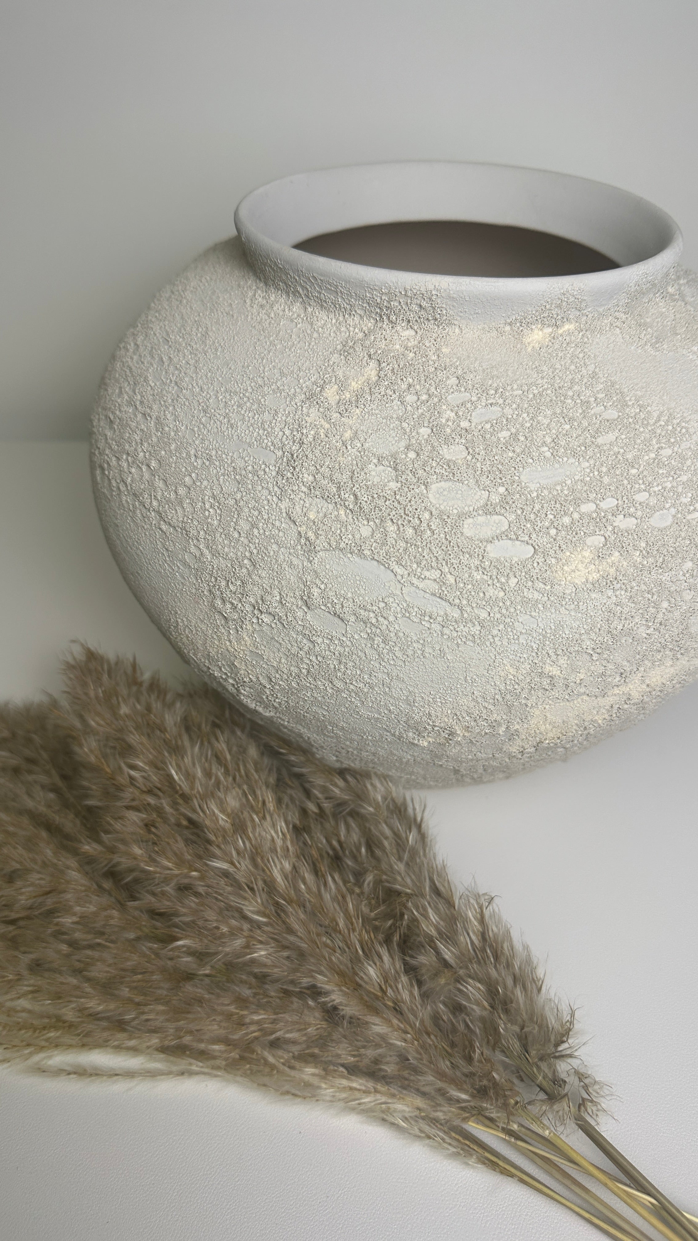 Minimalist Crater Moon Contemporary Ceramic Vase, White Textured Finish, 10 Inch tall Decorative Pottery