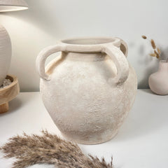 Minimalist Textured Hand-Painted Vase 4 handles Roman Style - 11" tall - Cream