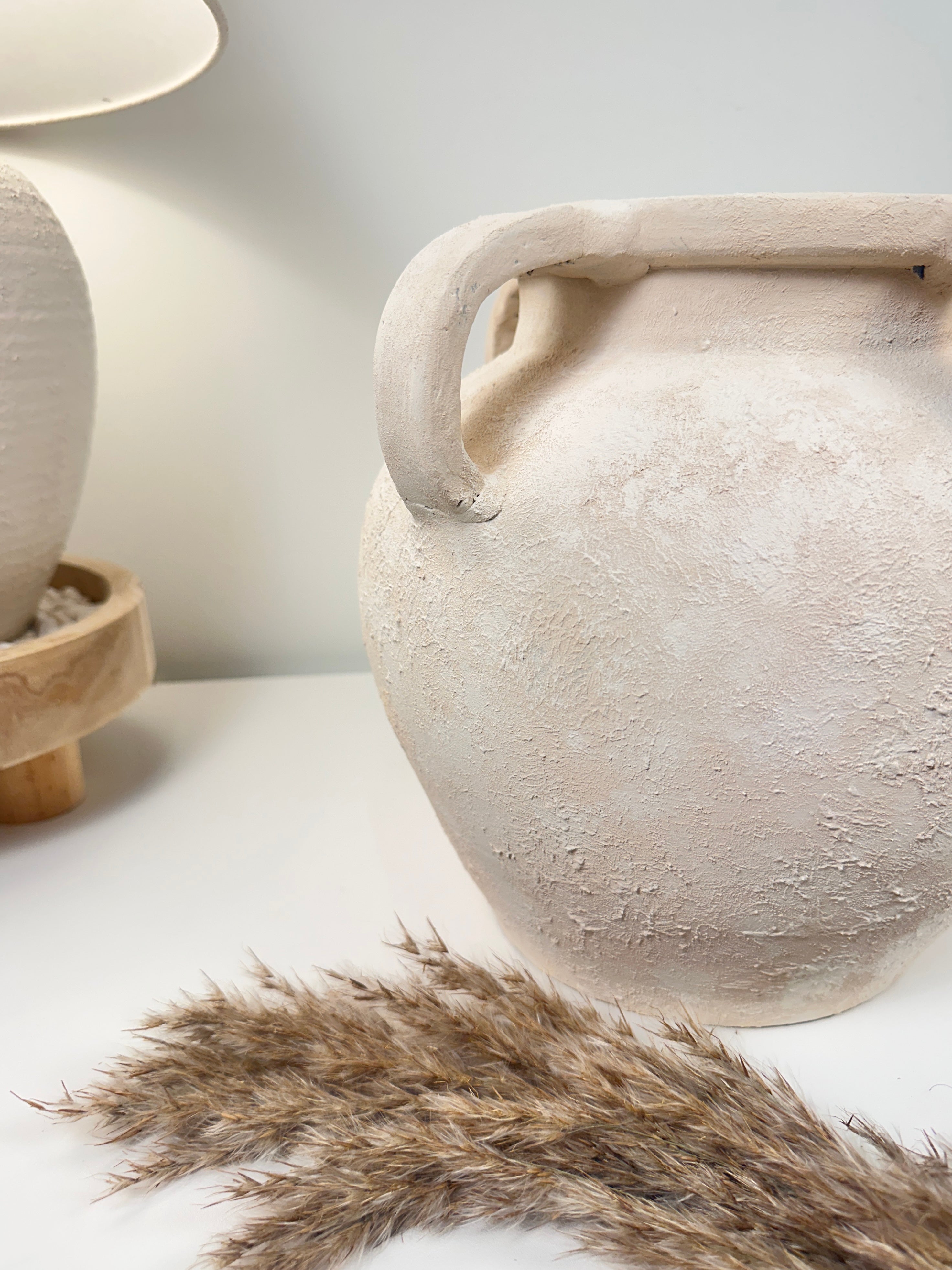 Minimalist Textured Hand-Painted Vase 4 handles Roman Style - 11" tall - Cream