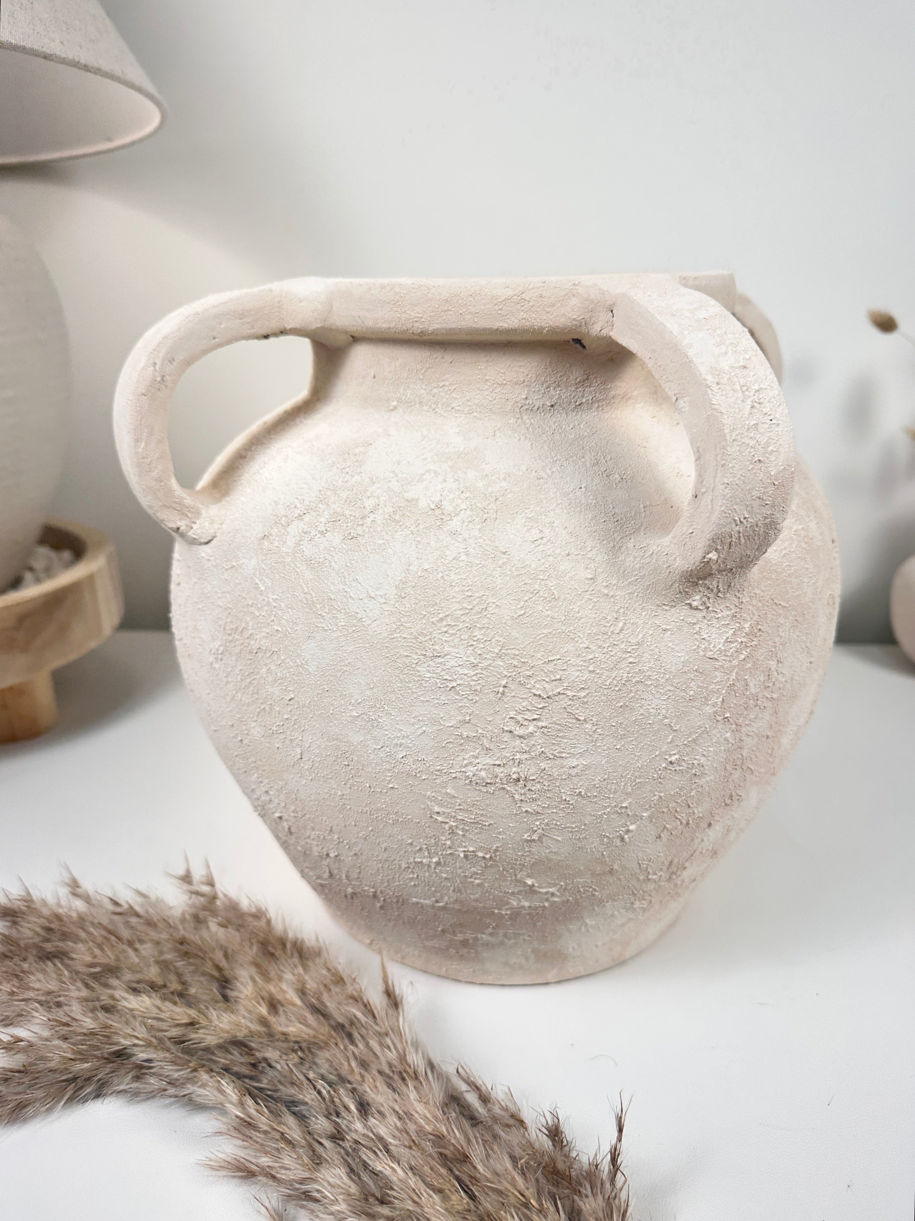 Minimalist Textured Hand-Painted Vase 4 handles Roman Style - 11" tall - Cream