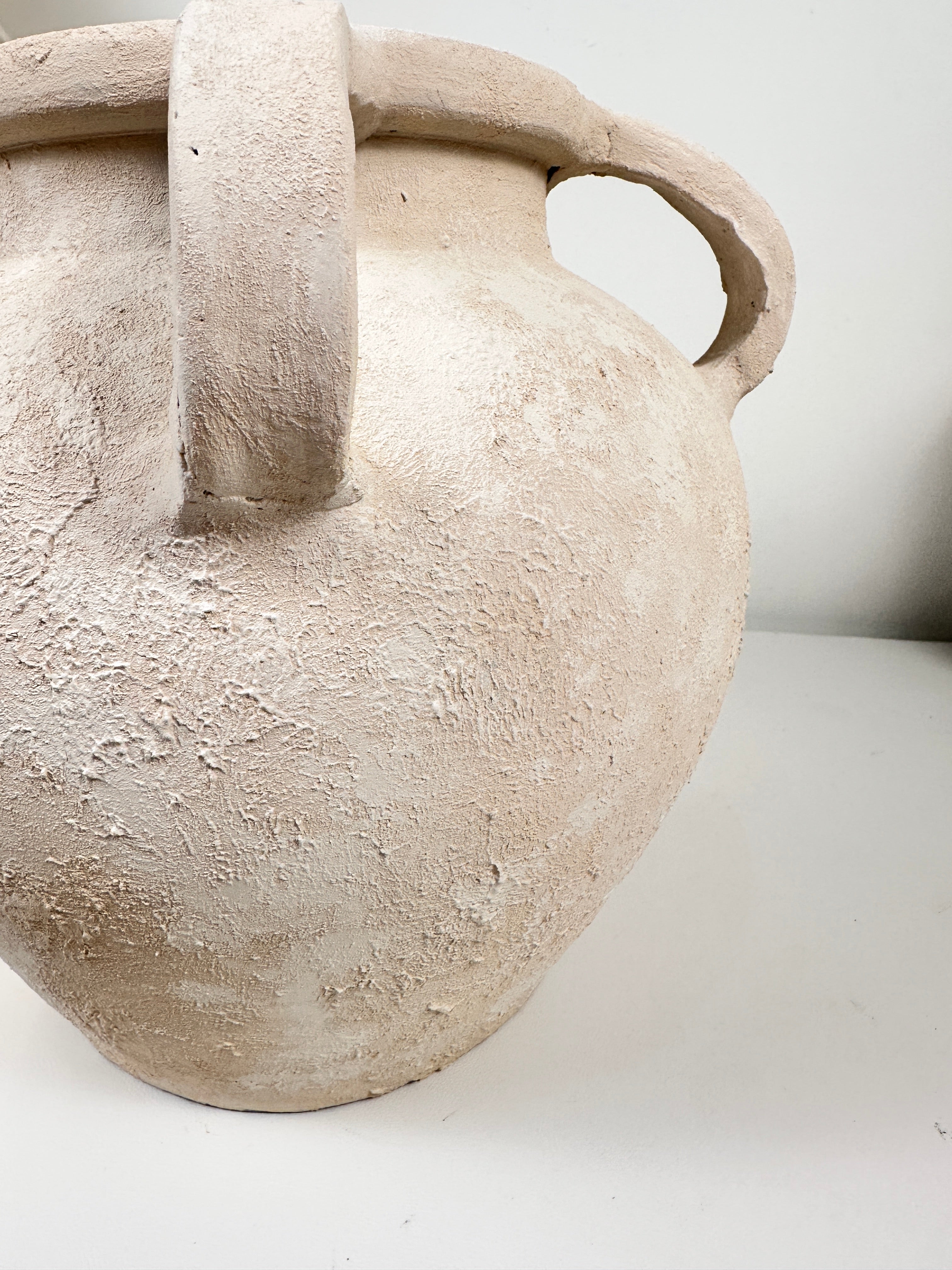 Minimalist Textured Hand-Painted Vase 4 handles Roman Style - 11" tall - Cream