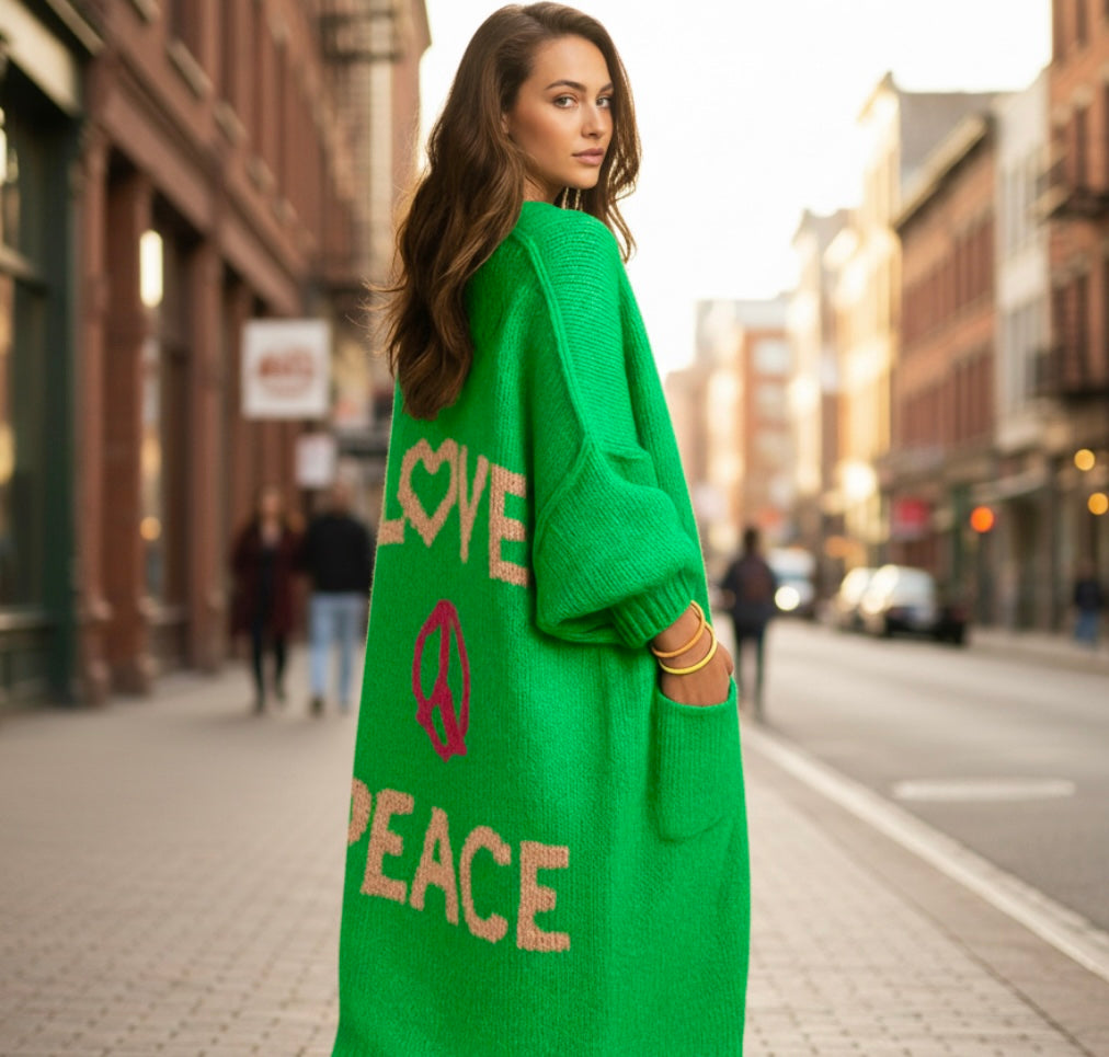 Cozy Women's Love Peace Graphic Oversized Cardigan Sweater Long Sleeve