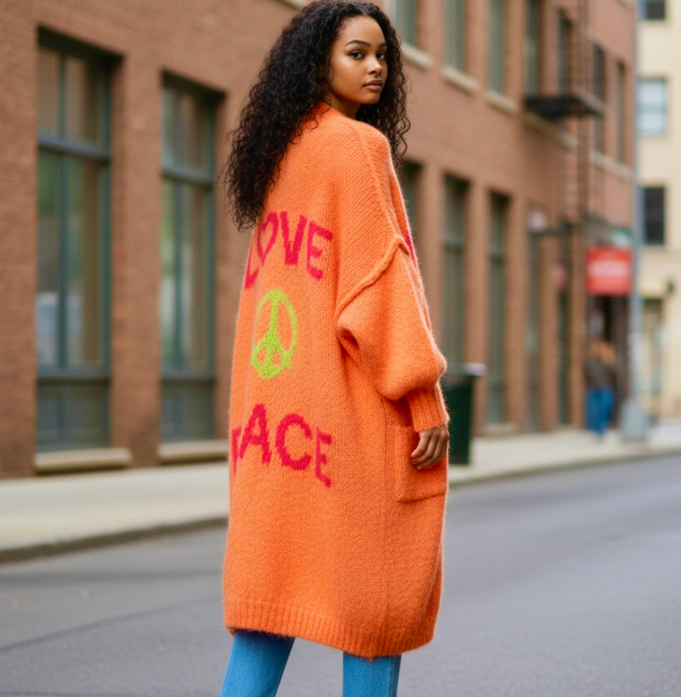 Cozy Women's Love Peace Graphic Oversized Cardigan Sweater Long Sleeve