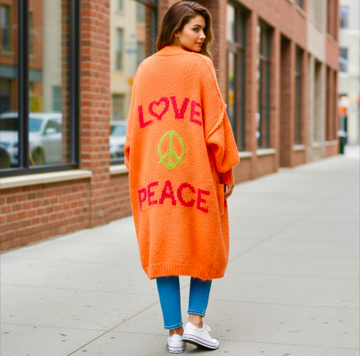 Cozy Women's Love Peace Graphic Oversized Cardigan Sweater Long Sleeve