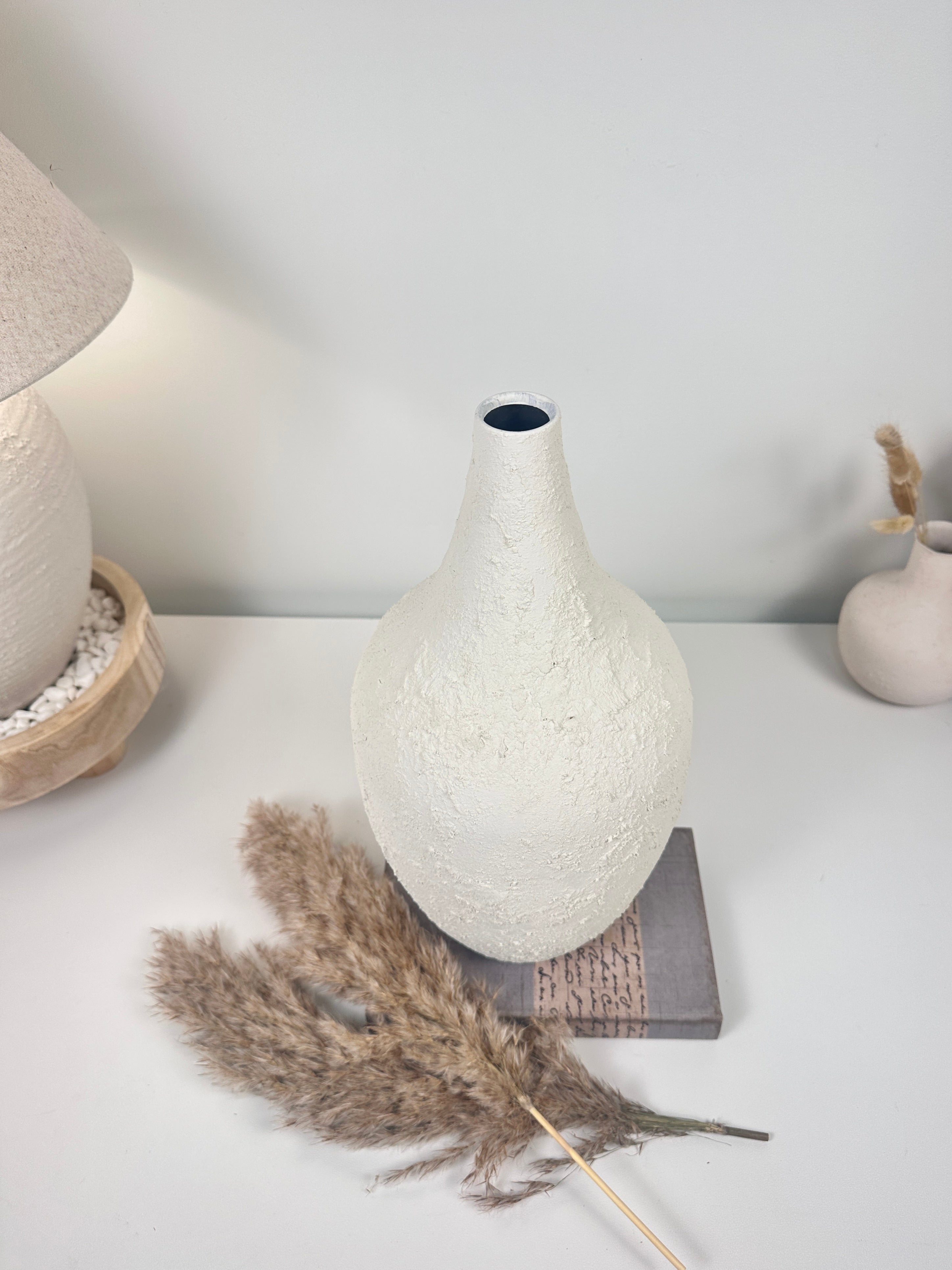 Minimalist Hand-Painted and Textured Vase 14" tall - White