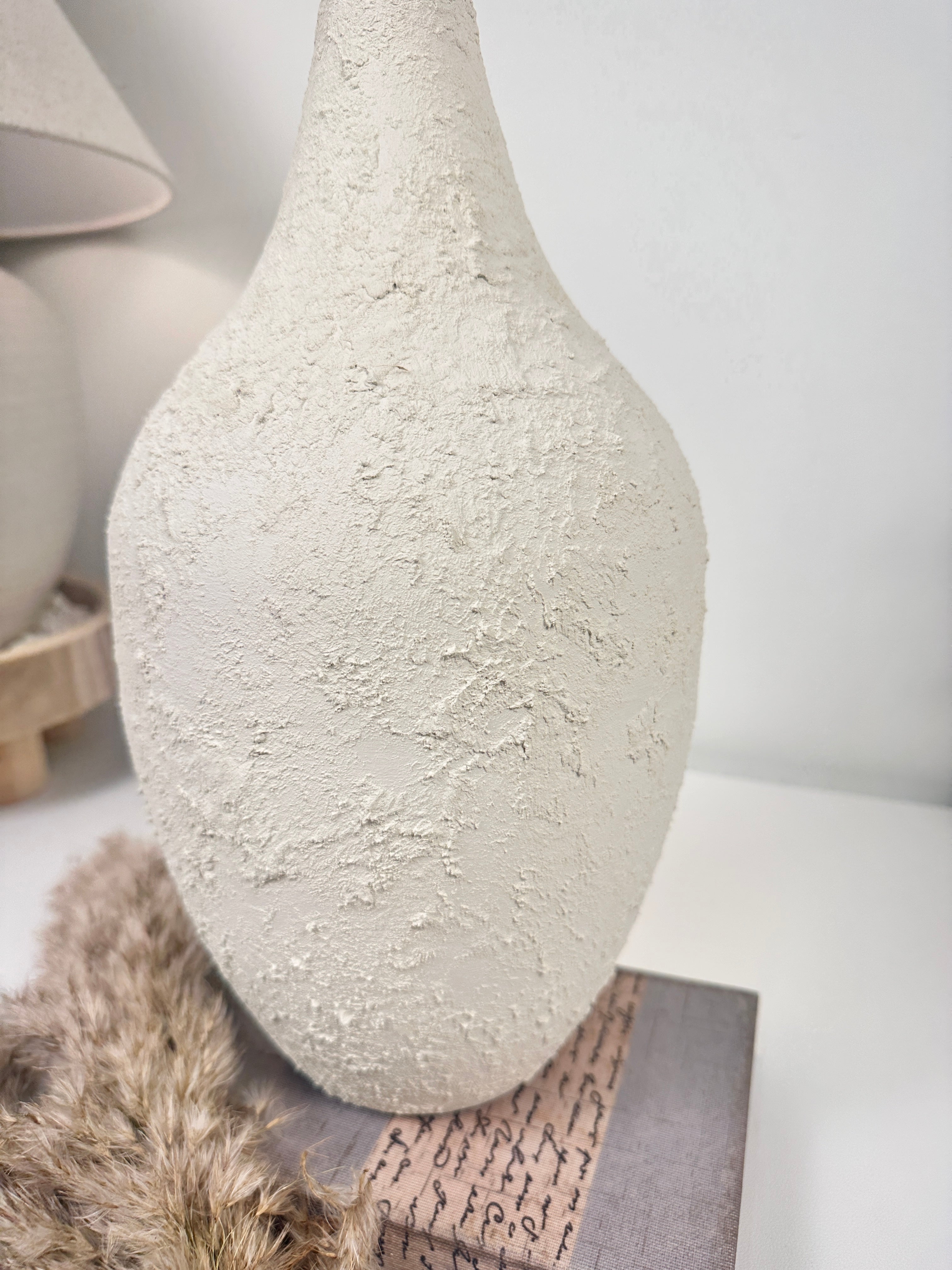Minimalist Hand-Painted and Textured Vase 14" tall - White