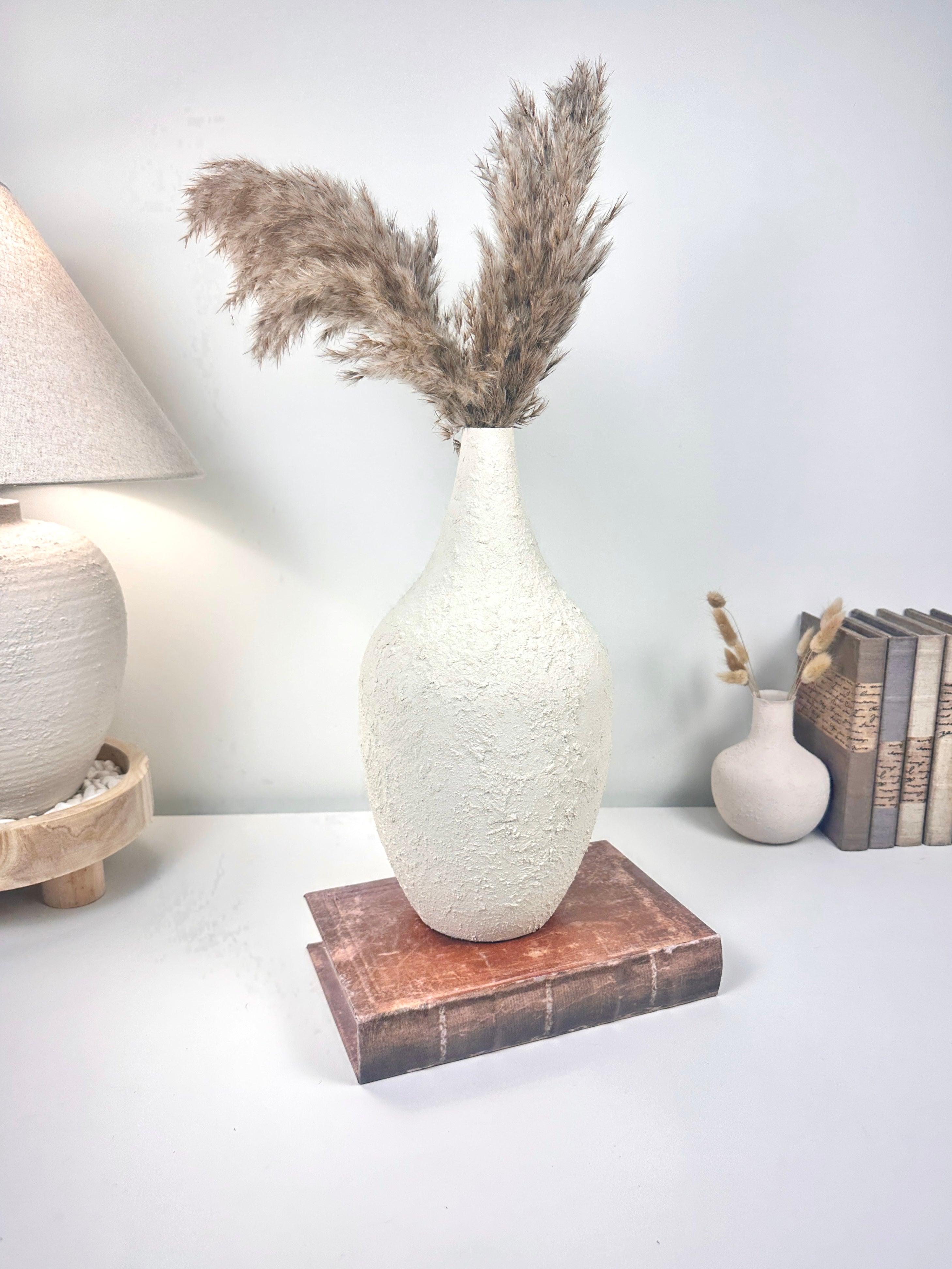 Minimalist Hand-Painted and Textured Vase 14" tall - White