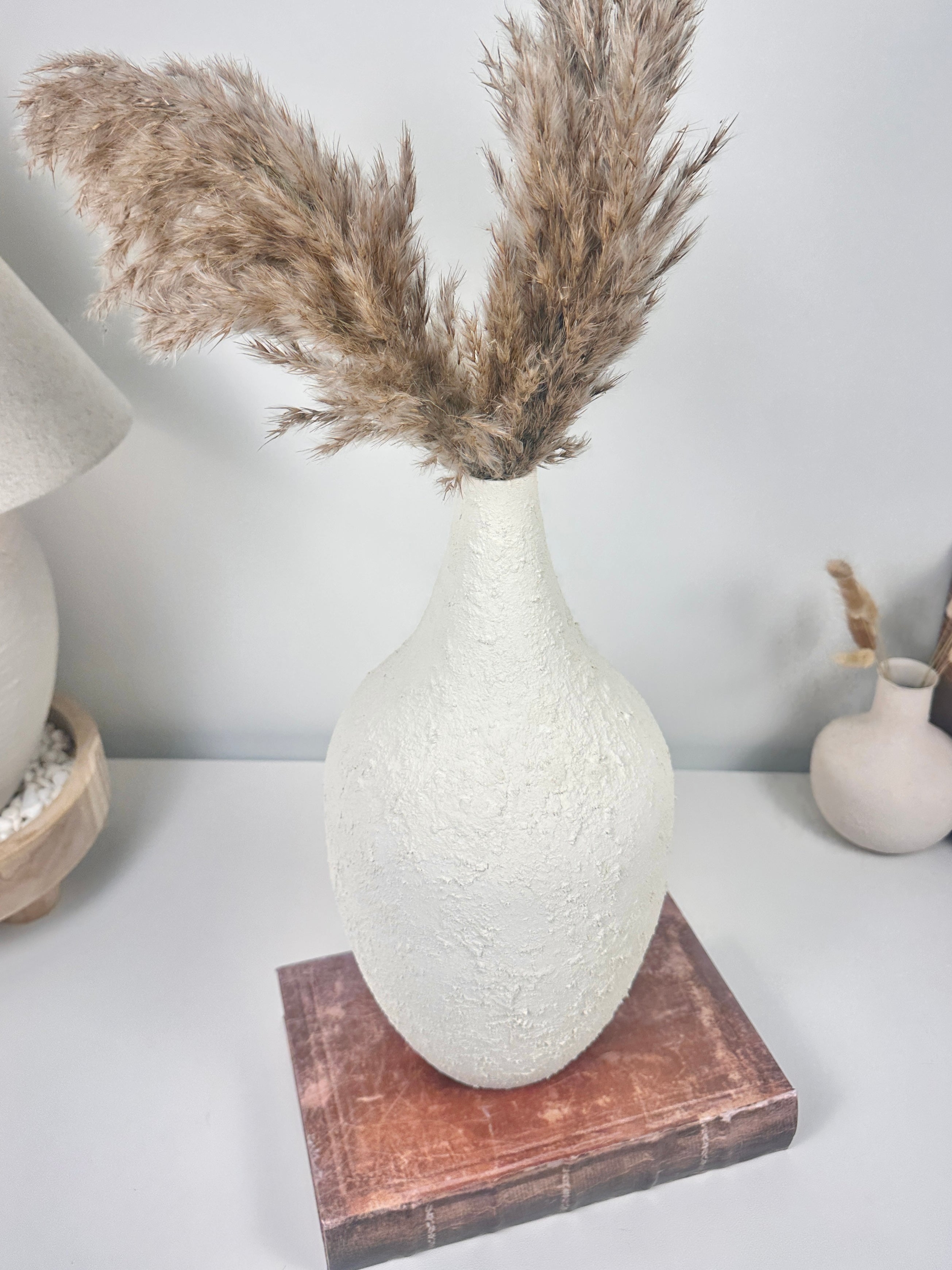 Minimalist Hand-Painted and Textured Vase 14" tall - White