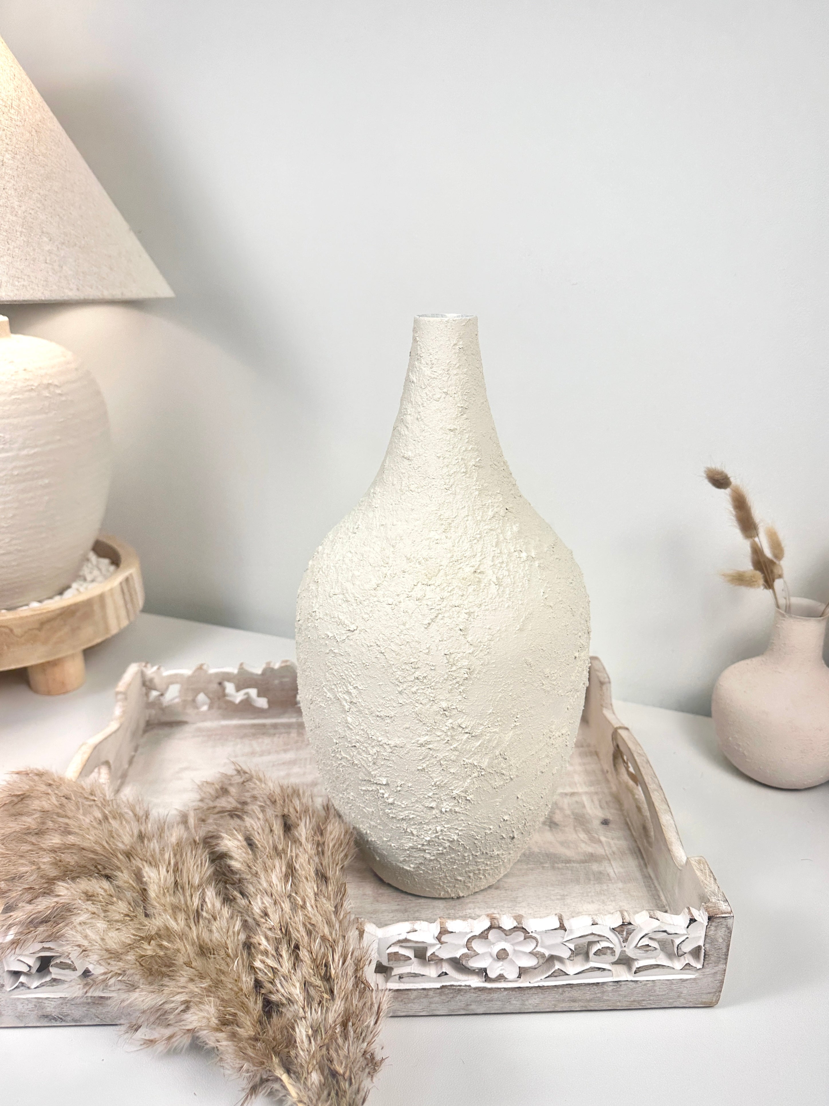 Minimalist Hand-Painted and Textured Vase 14" tall - White