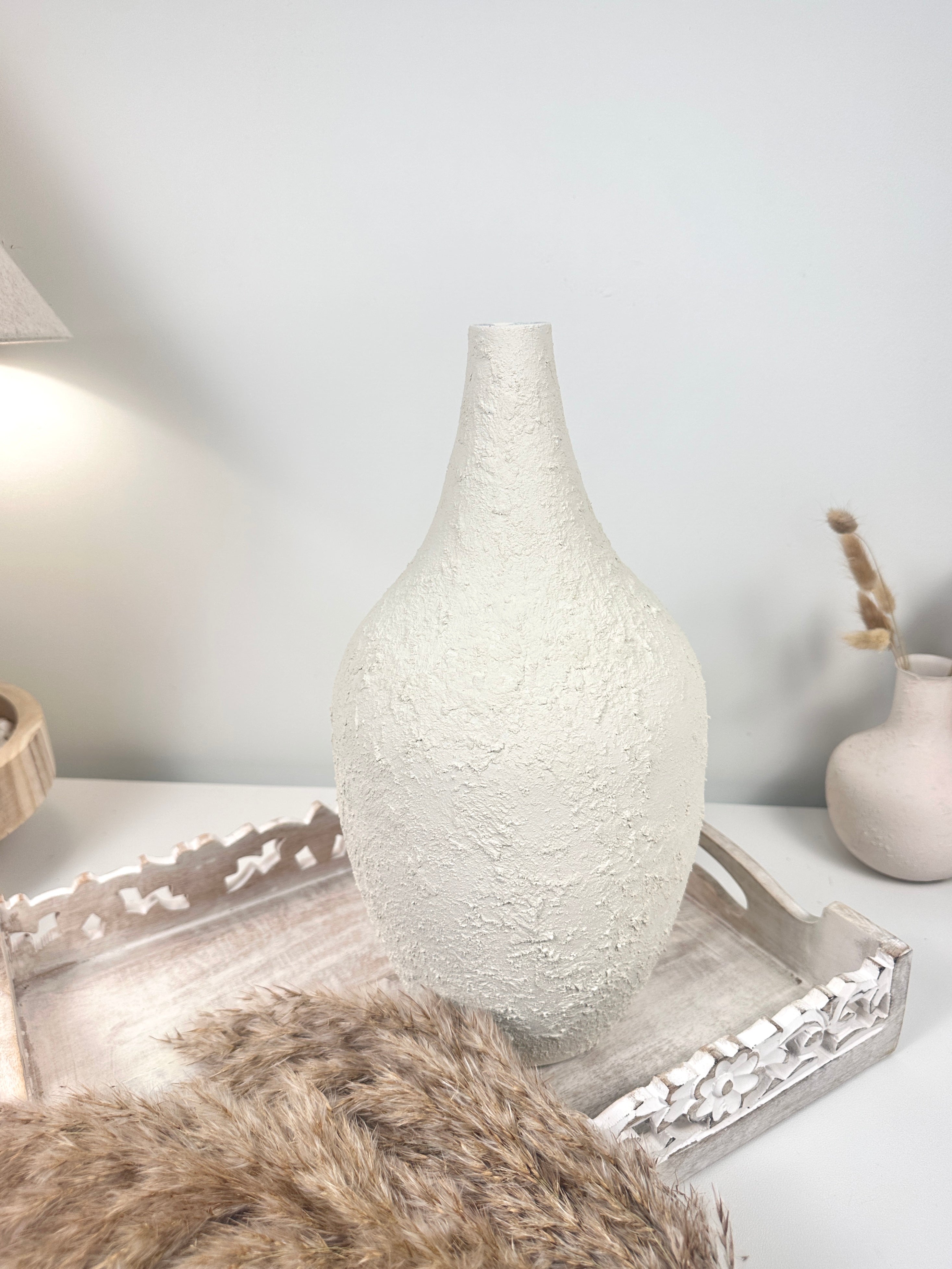 Minimalist Hand-Painted and Textured Vase 14" tall - White