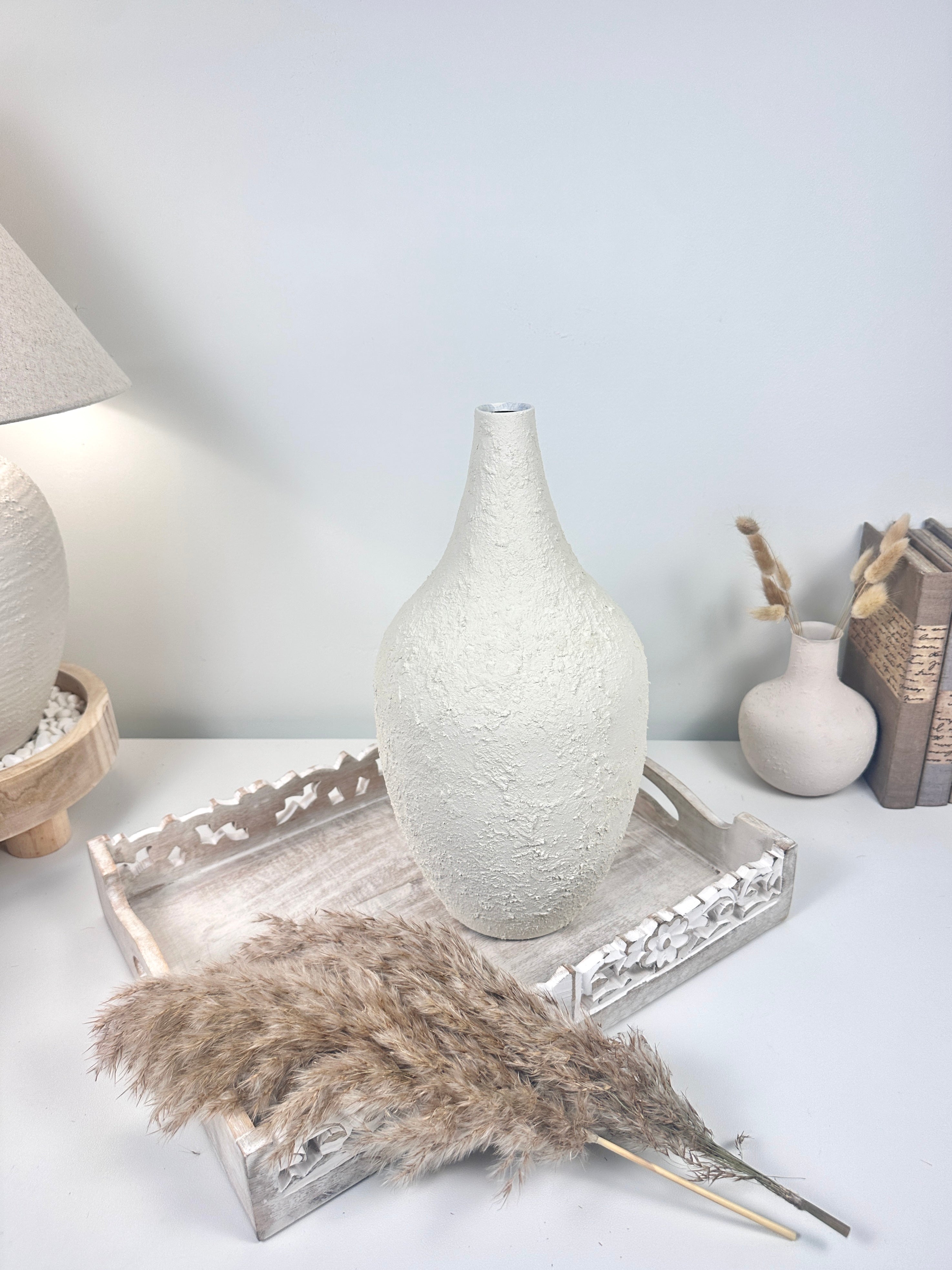 Minimalist Hand-Painted and Textured Vase 14" tall - White