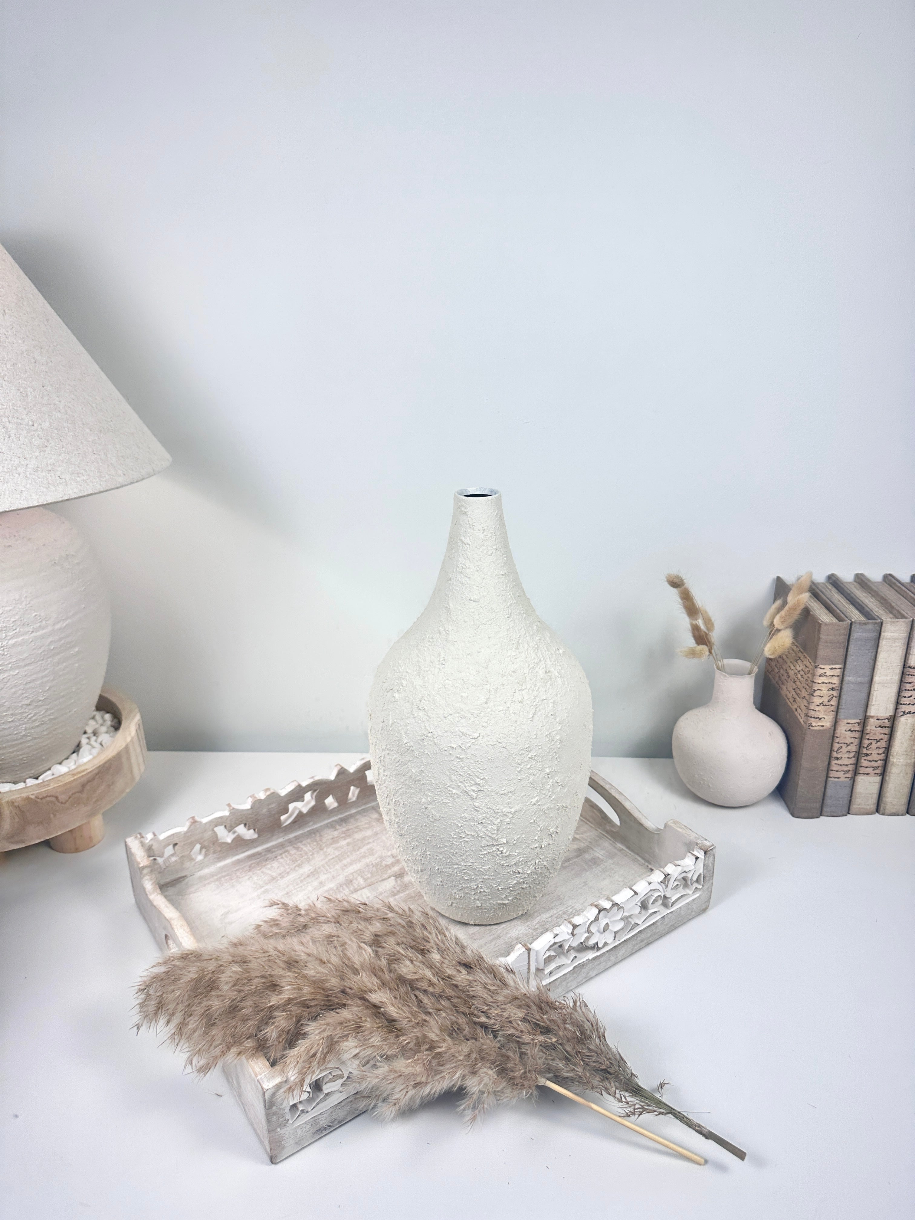 Minimalist Hand-Painted and Textured Vase 14" tall - White
