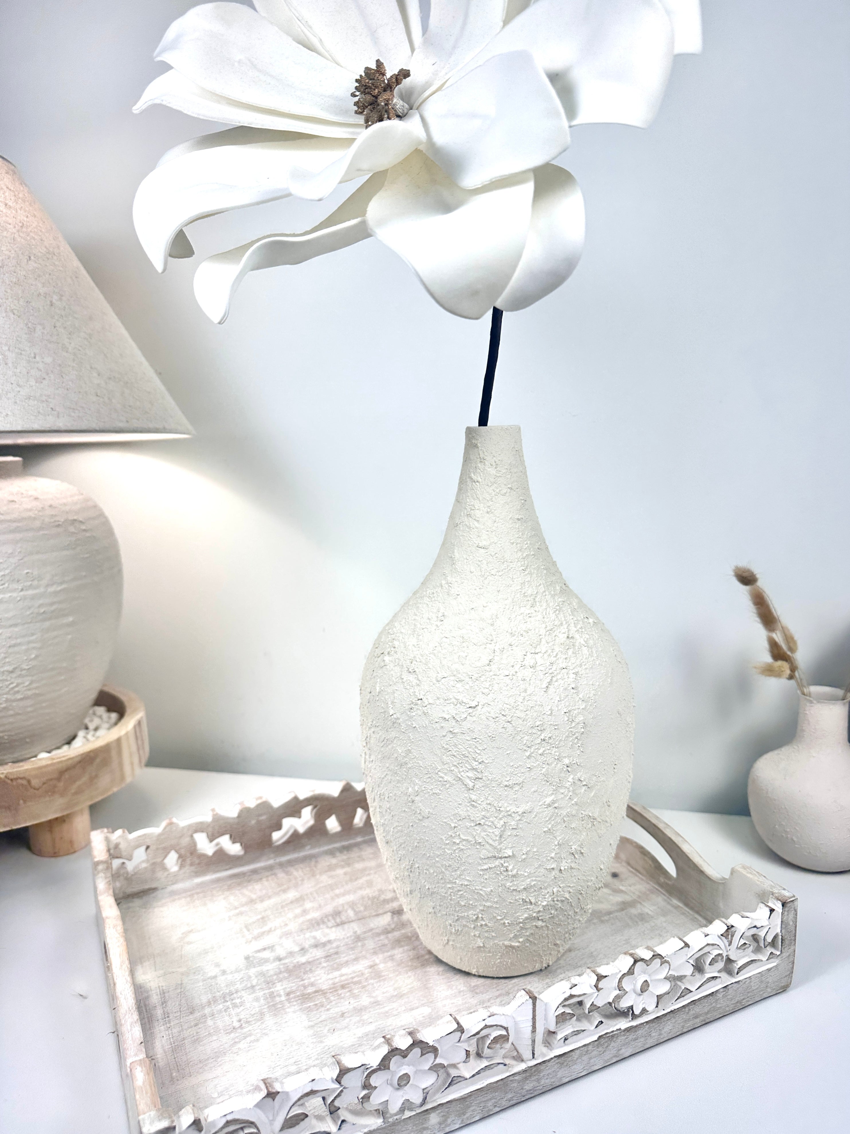 Minimalist Hand-Painted and Textured Vase 14" tall - White