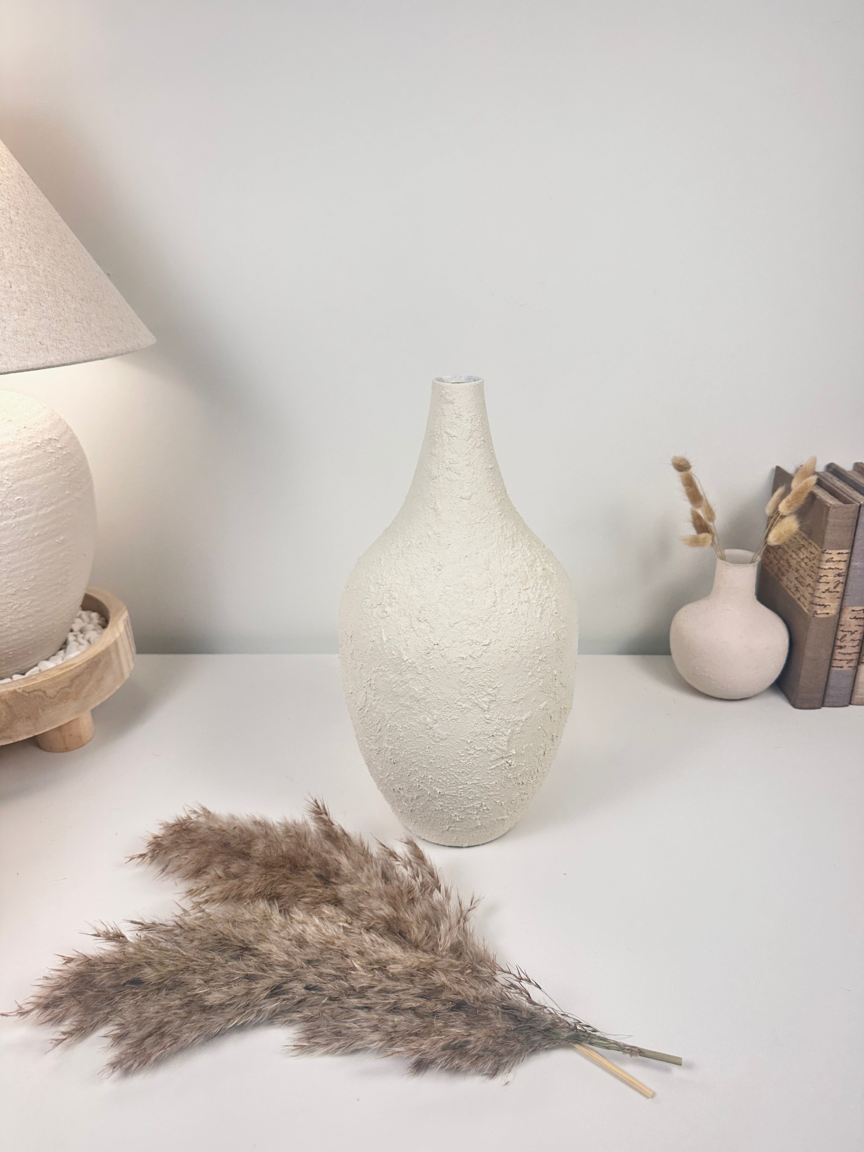 Minimalist Hand-Painted and Textured Vase 14" tall - White