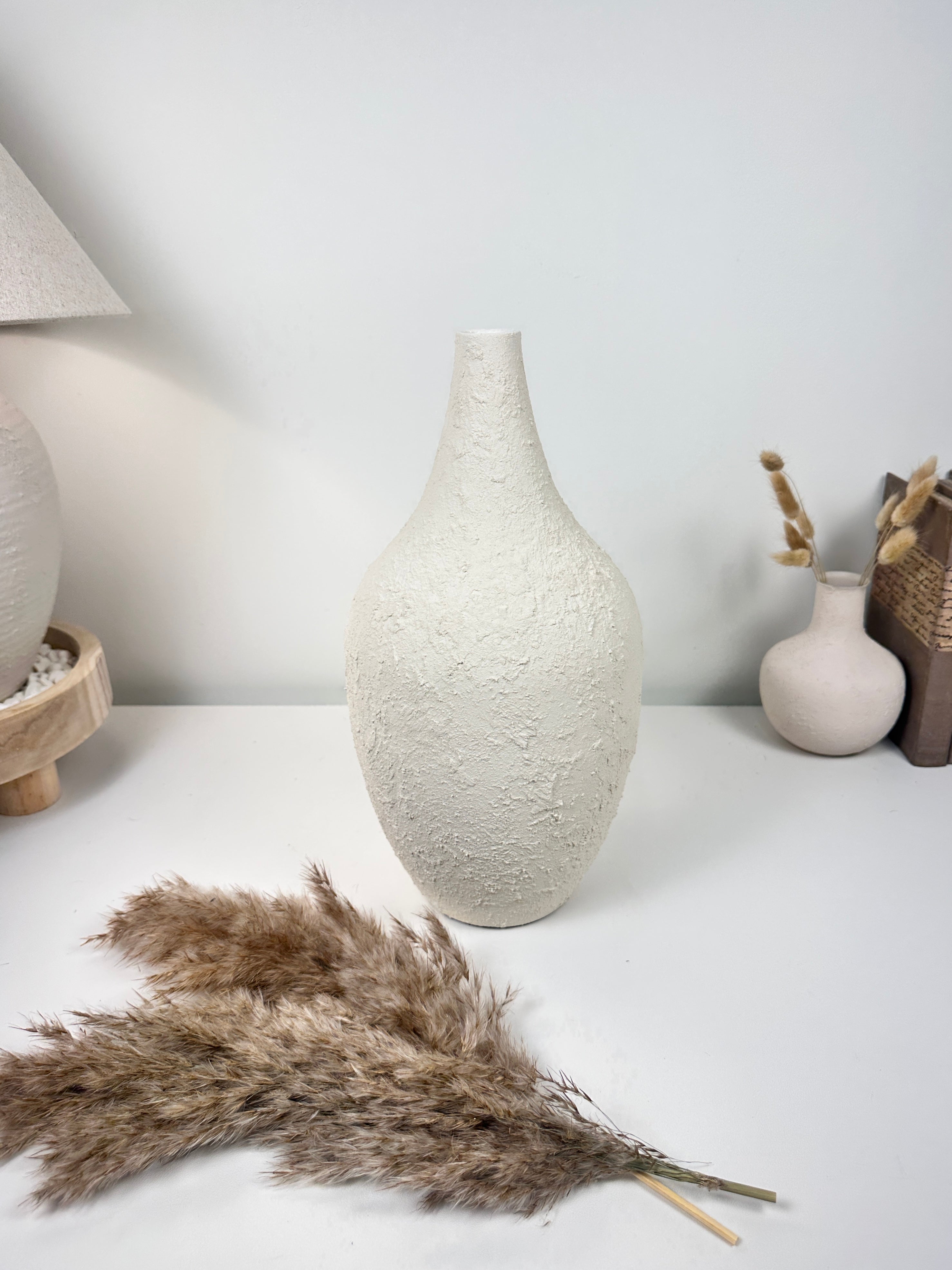 Minimalist Hand-Painted and Textured Vase 14" tall - White