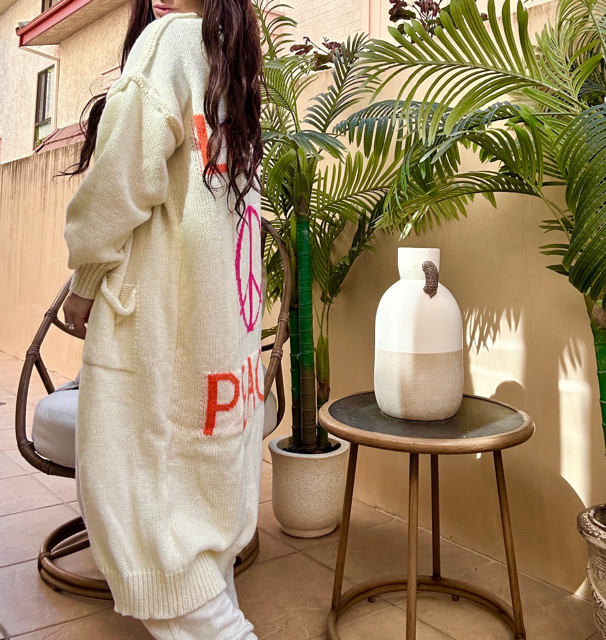 Cozy Women's Love Peace Graphic Oversized Cardigan Sweater Long Sleeve