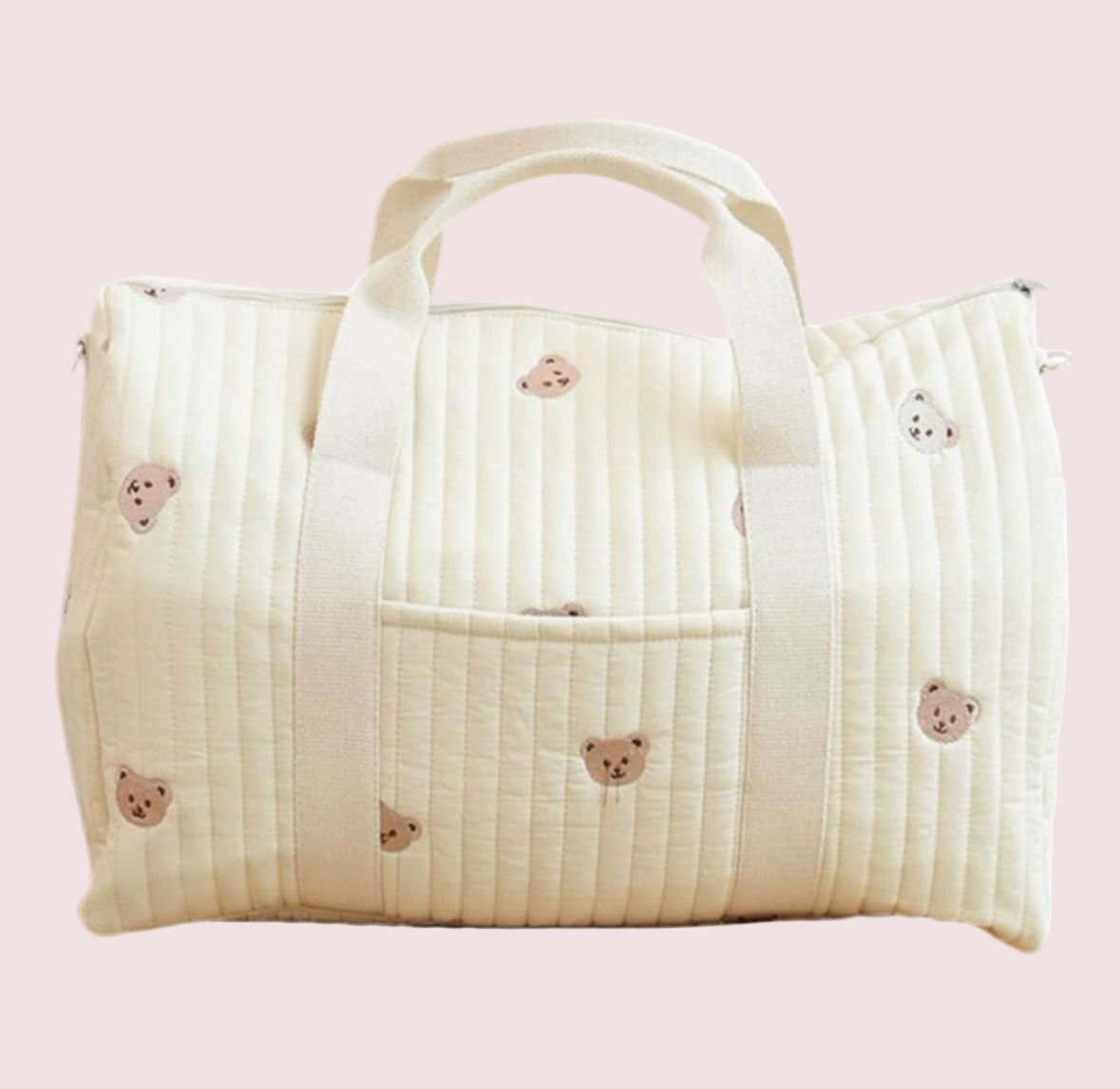 Quilted Diaper Bag with Bear Pattern, Large Capacity Travel Tote, Beige