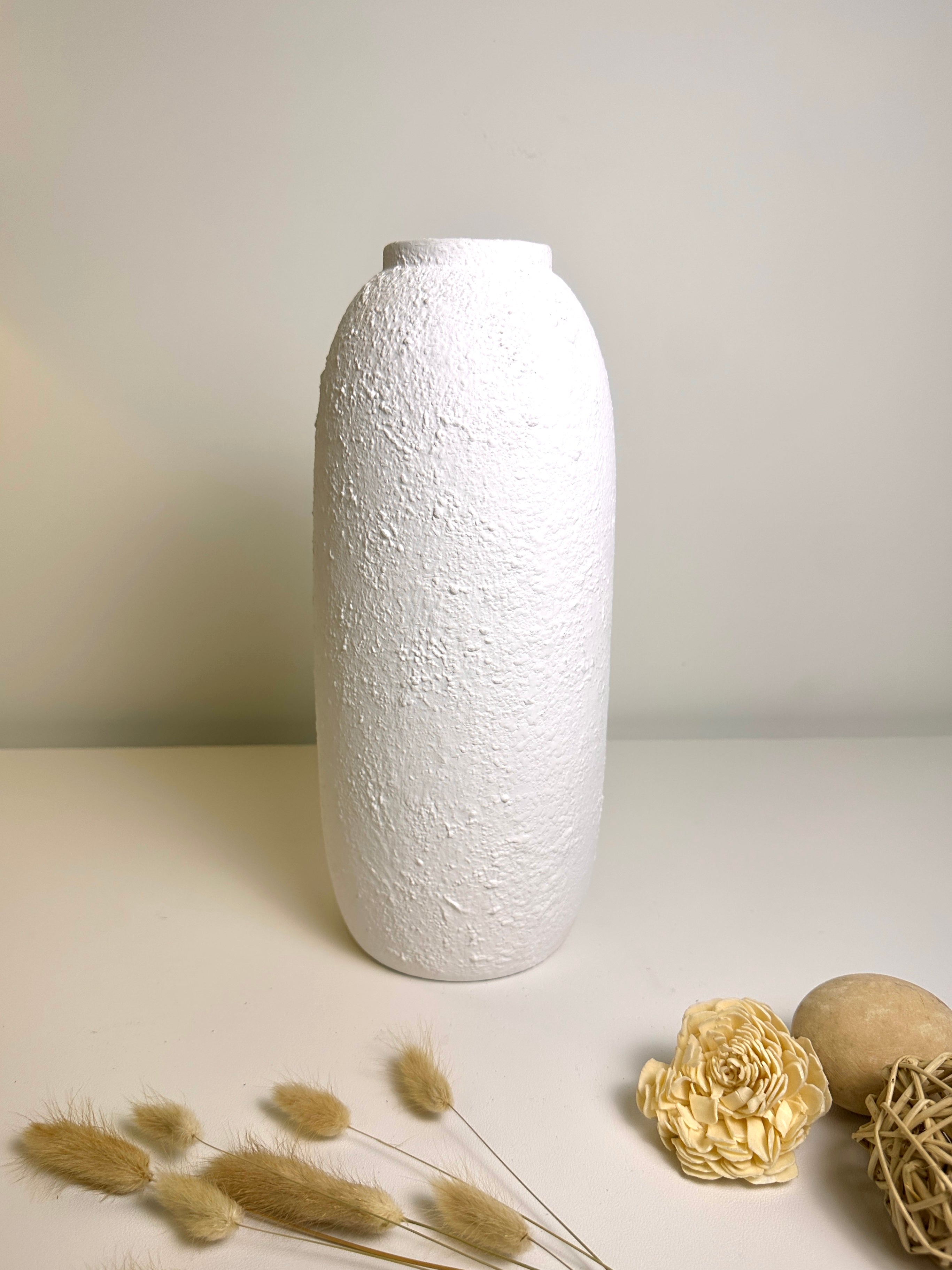 Minimalist Textured Ceramic White Vase 12"