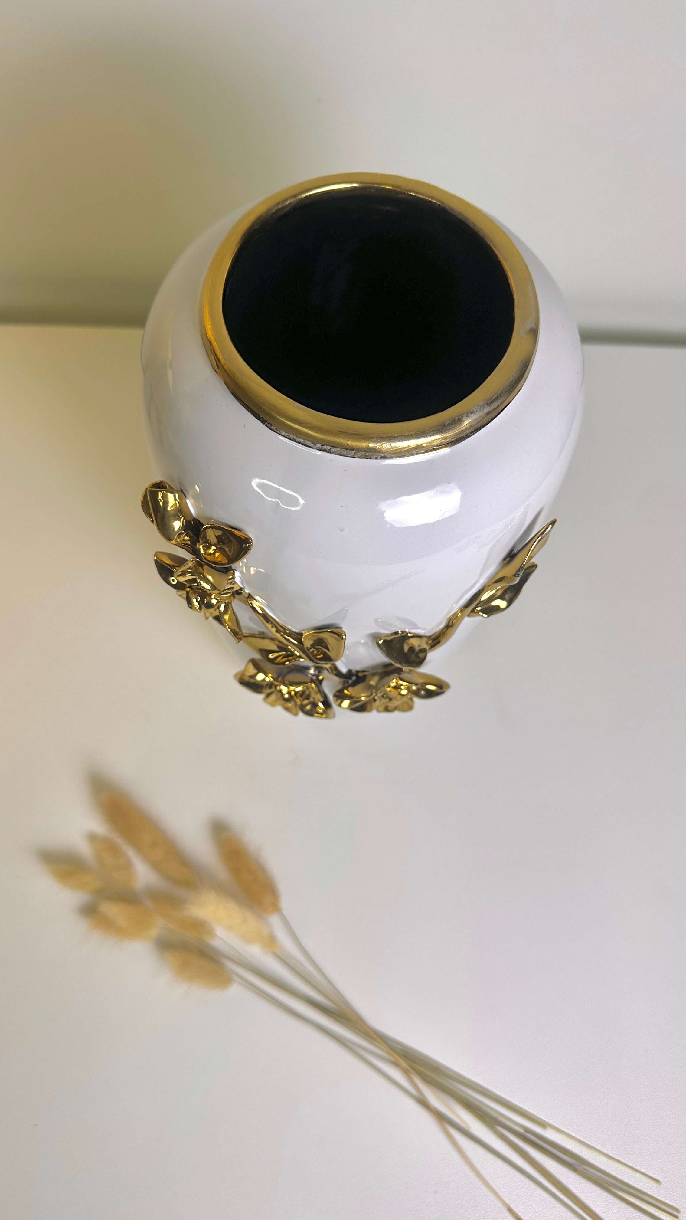 Modern Ceramic Vase with Gold Flower Design, White, 12 Inch