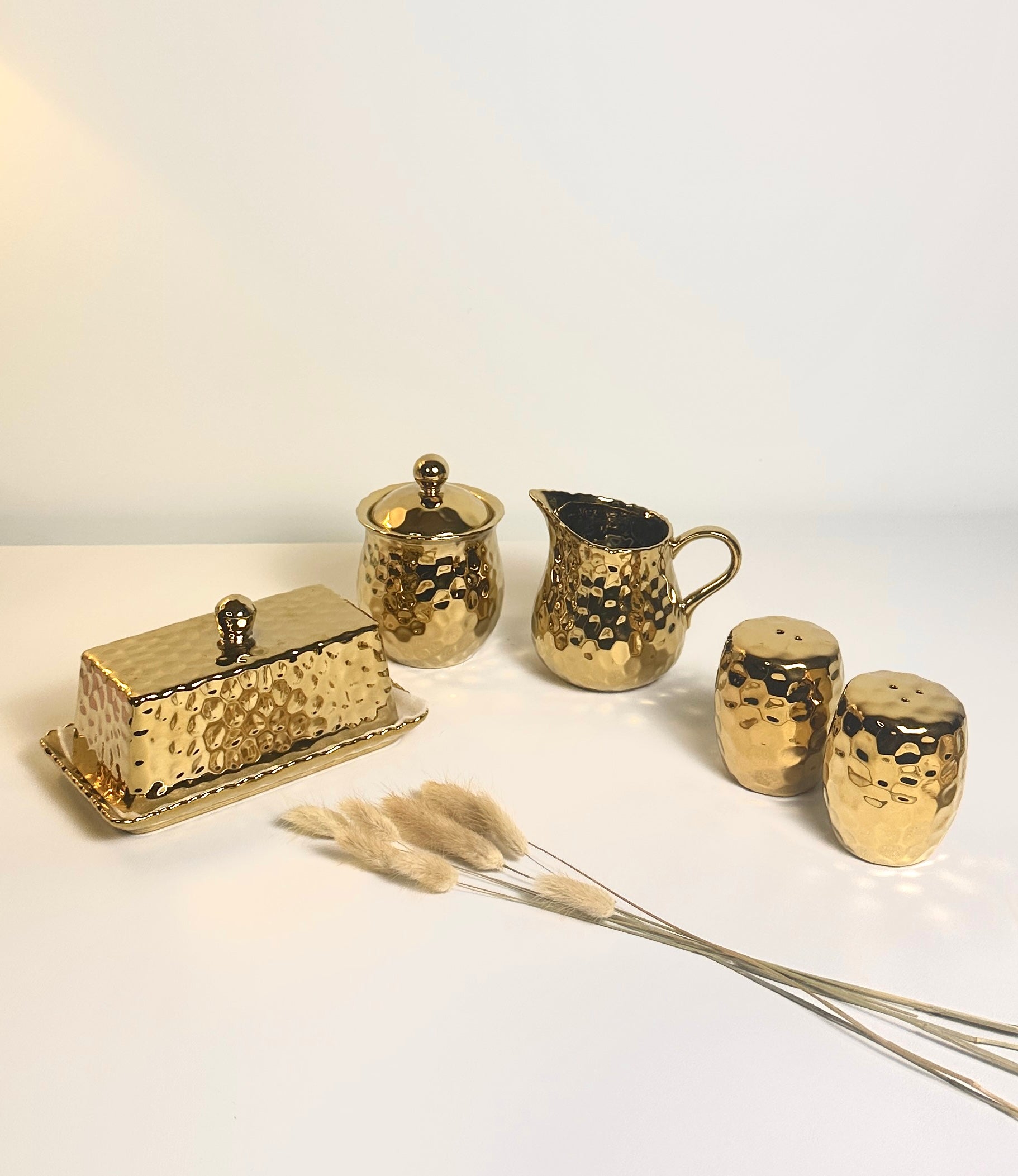 Elegant Gold Salt & Pepper, Butter Dish, Sugar Bowl & Creamer Pitcher (sold as a set or separately)