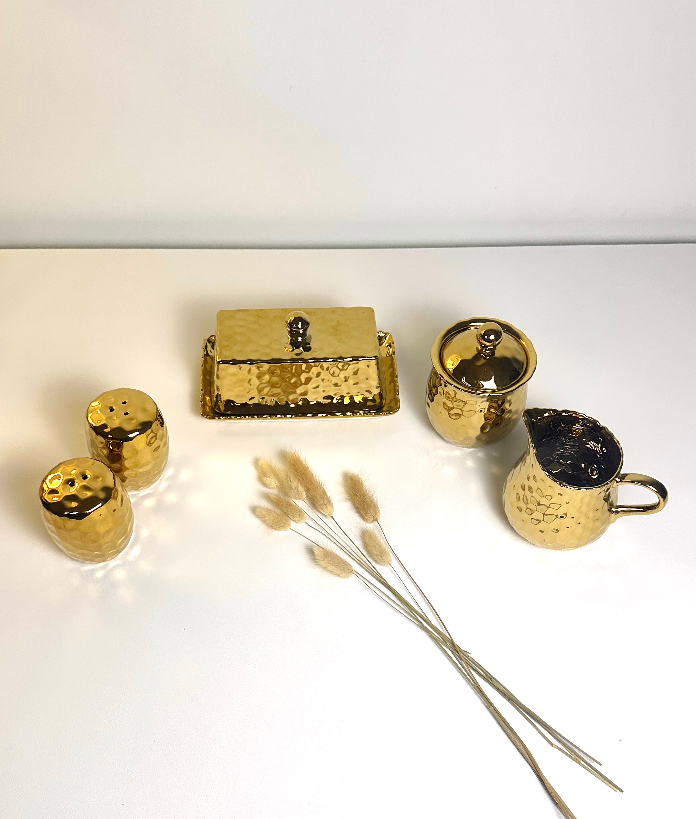 Elegant Gold Salt & Pepper, Butter Dish, Sugar Bowl & Creamer Pitcher (sold as a set or separately)