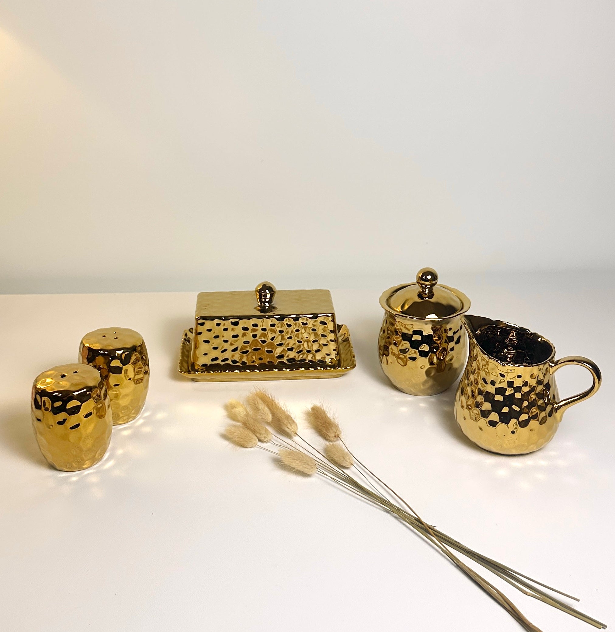 Elegant Gold Salt & Pepper, Butter Dish, Sugar Bowl & Creamer Pitcher (sold as a set or separately)