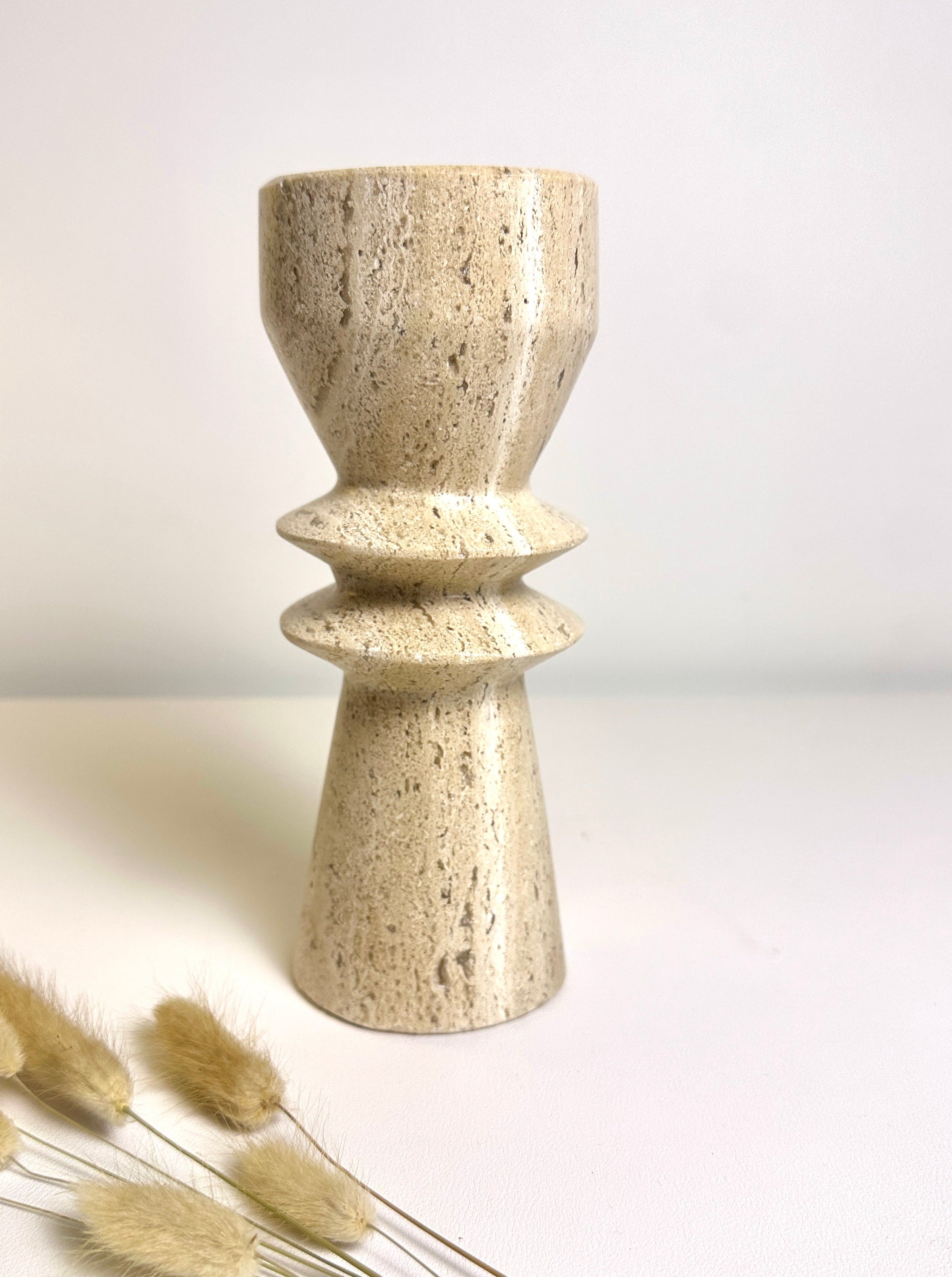 Modern Minimalist 8 Inch Stone Candle Holder with Geometric Hourglass Shape