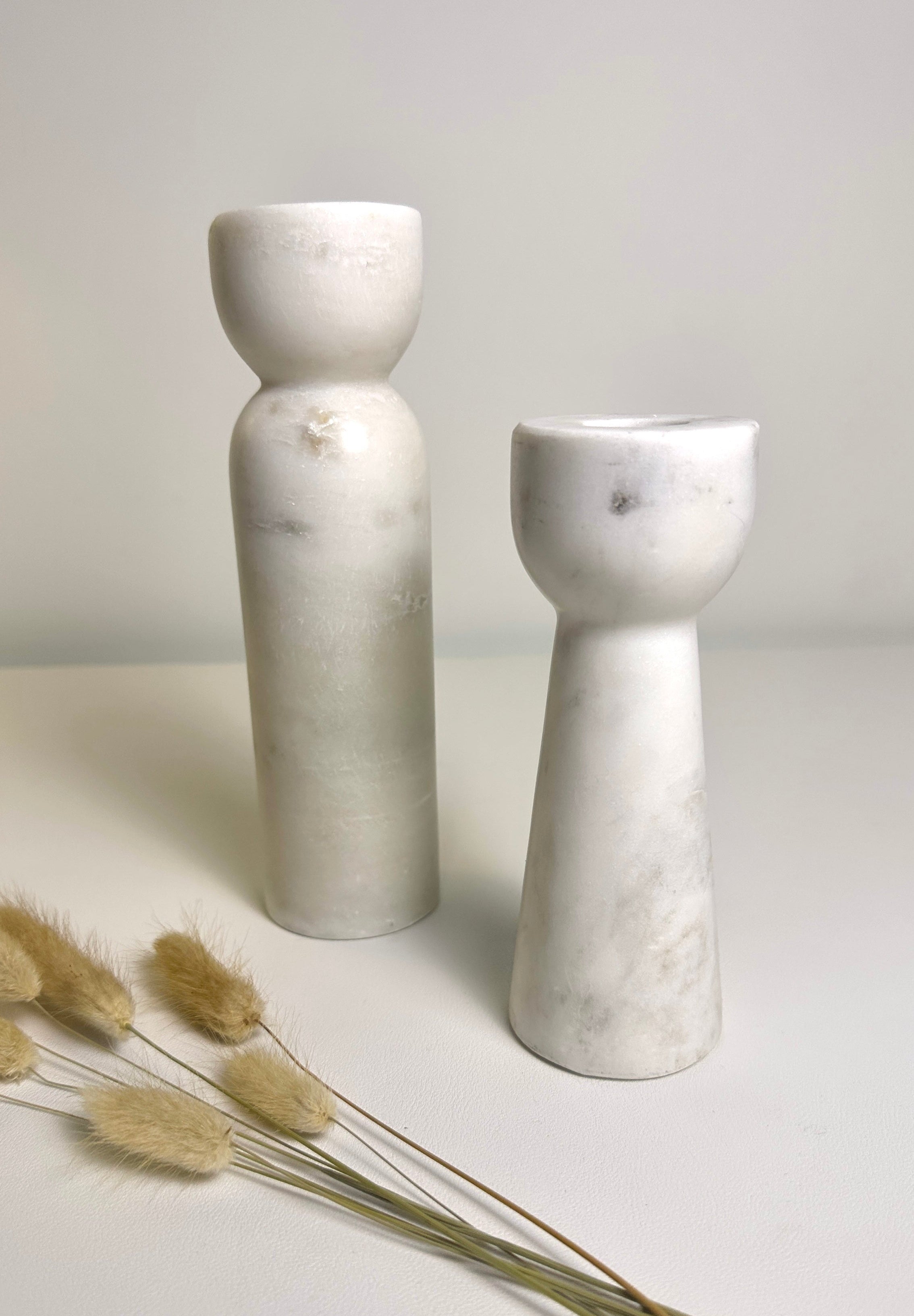 Set of 2 Elegant White Marble Candle Holders, Modern Decorative Candlesticks
